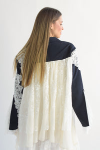 Fashion Styled Blazer bordado forro encaje Azul Marino