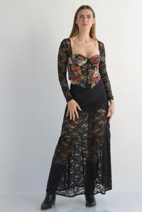 Fashion Styled Corset flores tapiz manga encaje Negro