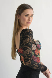 Fashion Styled Corset flores tapiz manga encaje Negro