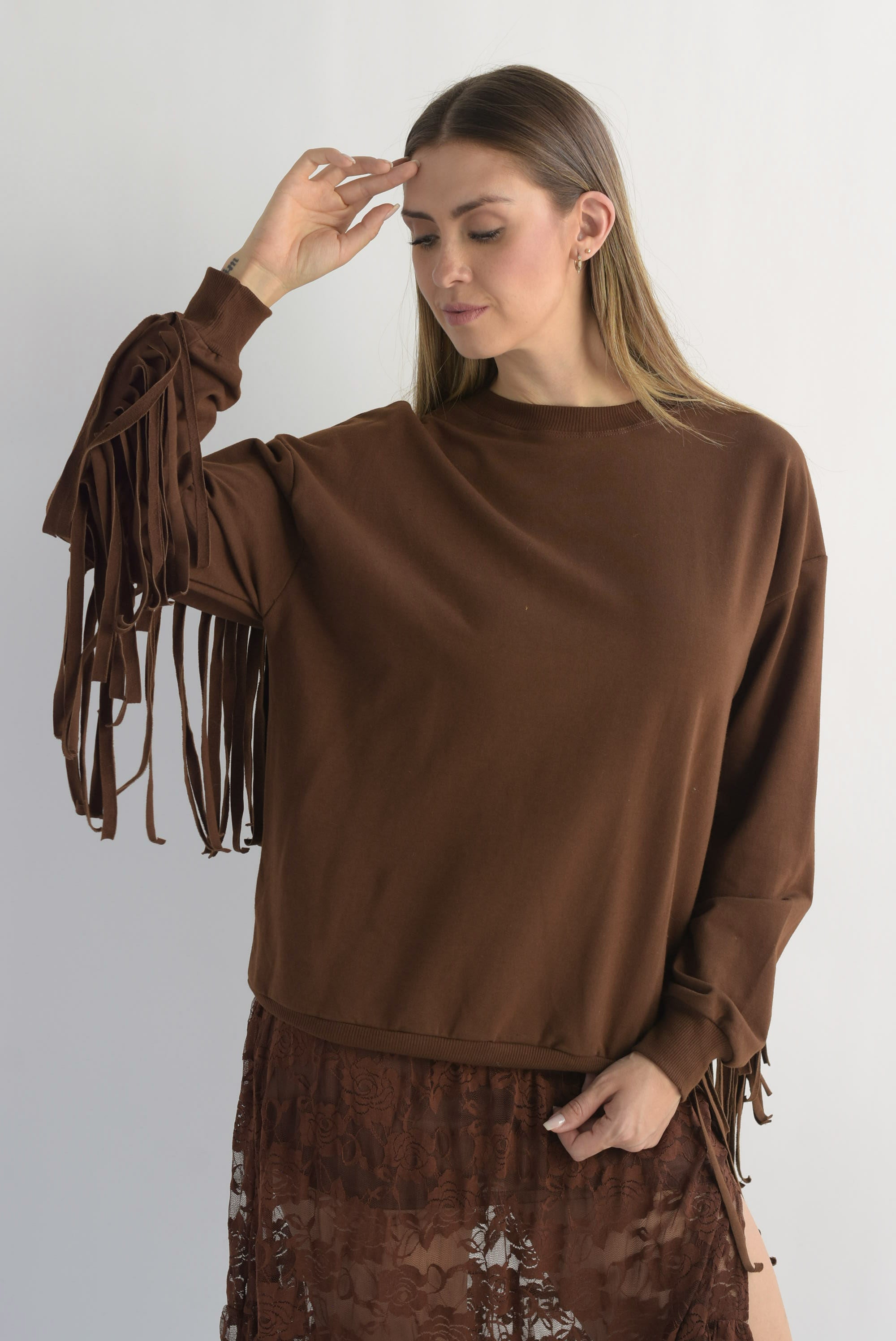 Sudadera flecos cowboy Café