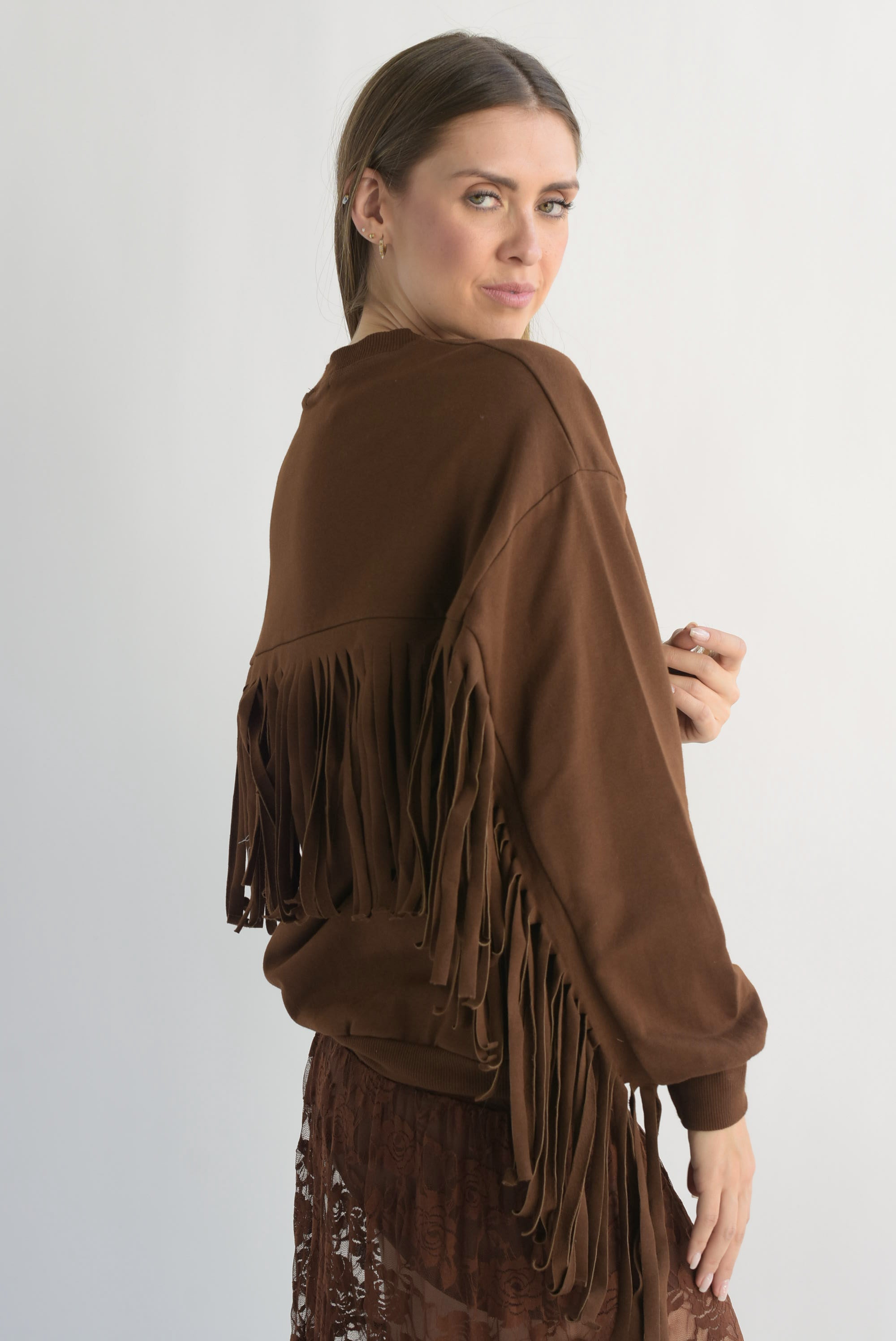 Sudadera flecos cowboy Café