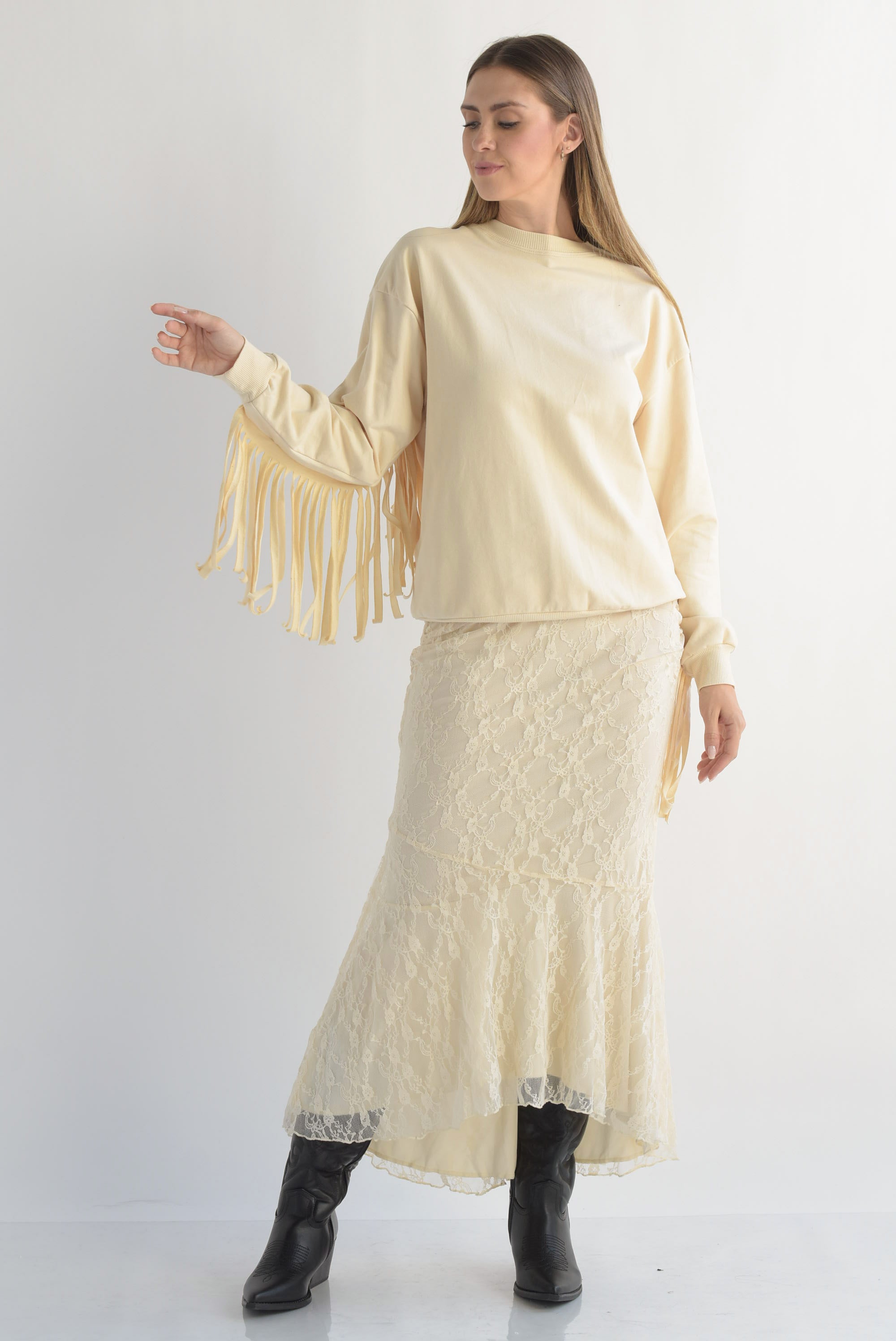 Sudadera flecos cowboy Beige