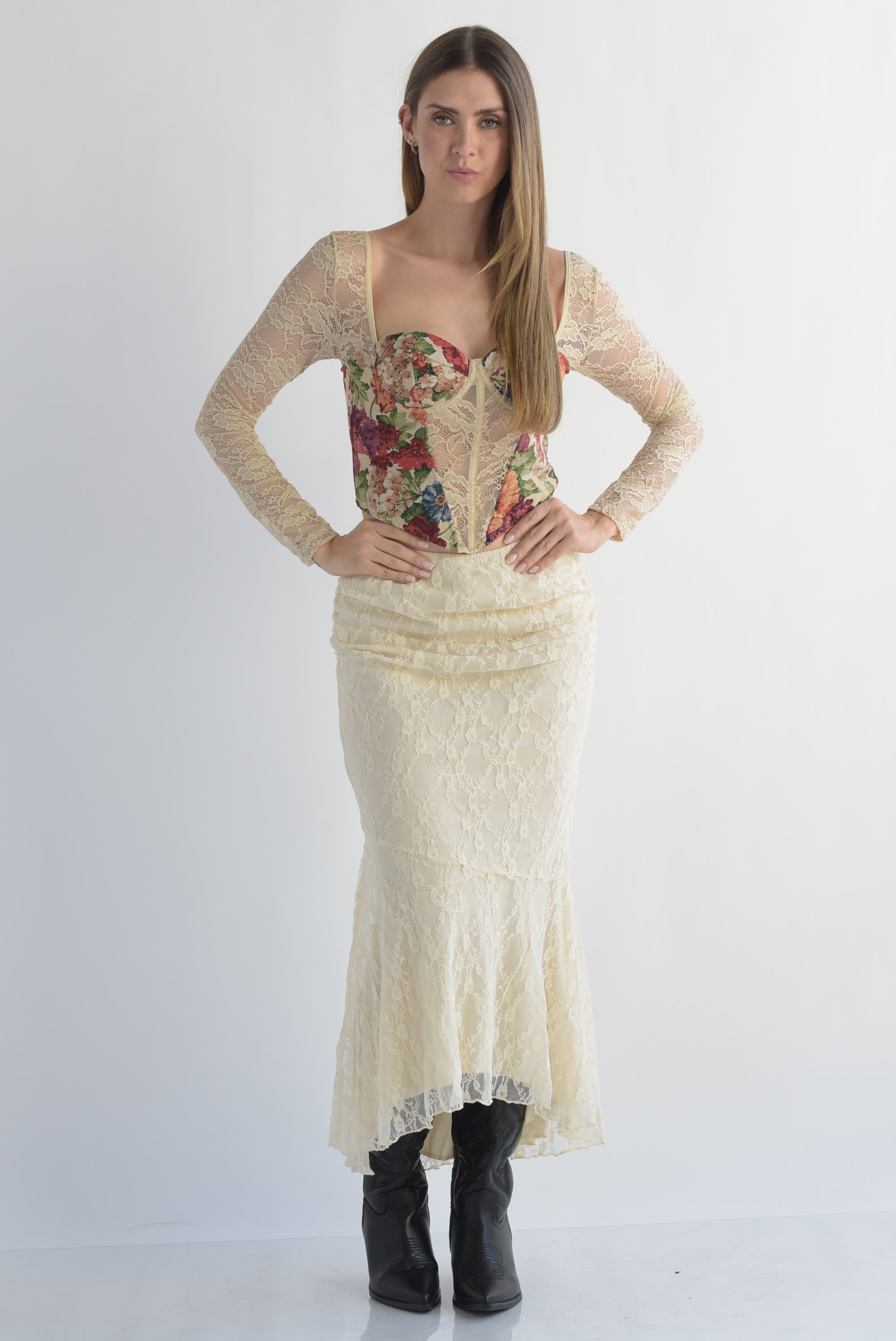 Corset flores tapiz manga encaje Beige