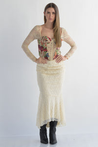 Fashion Styled Corset flores tapiz manga encaje Beige