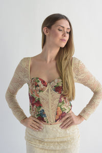 Fashion Styled Corset flores tapiz manga encaje Beige