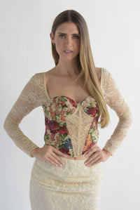 Fashion Styled Corset flores tapiz manga encaje Beige