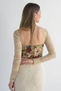 Fashion Styled Corset flores tapiz manga encaje Beige