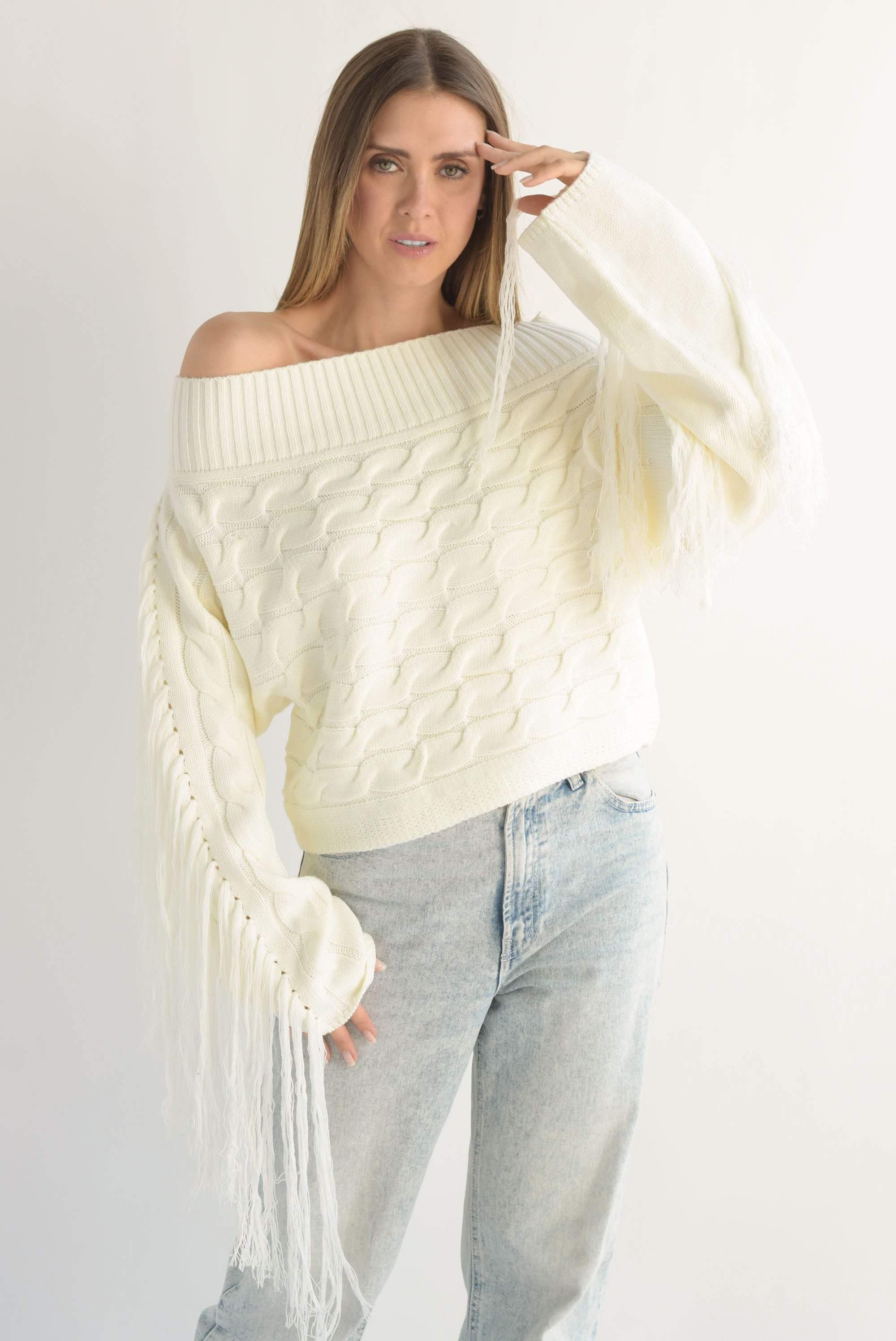 Sweater off-shoulders flecos Ivory