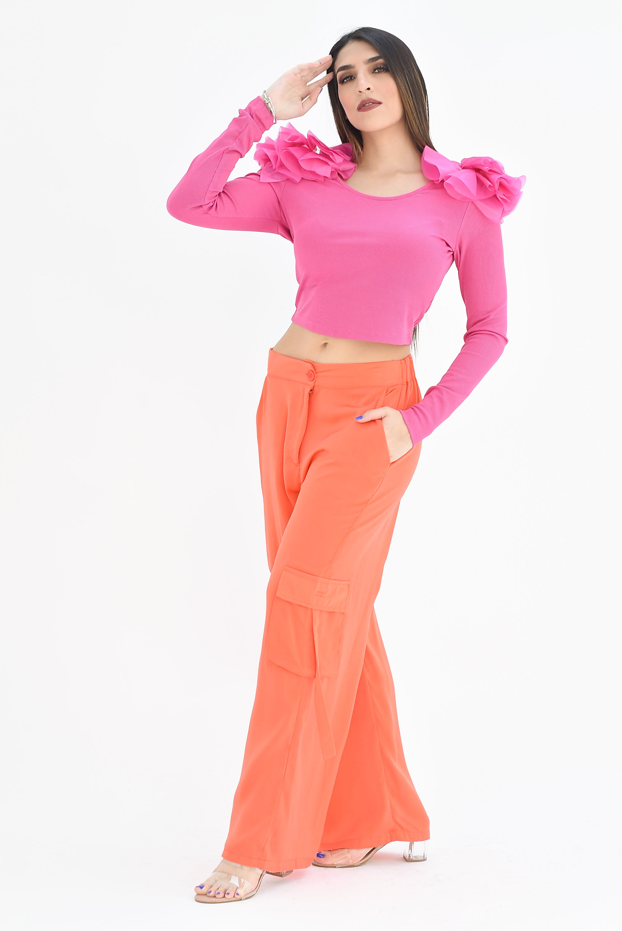 Pantalón pierna ancha satín cargo Naranja