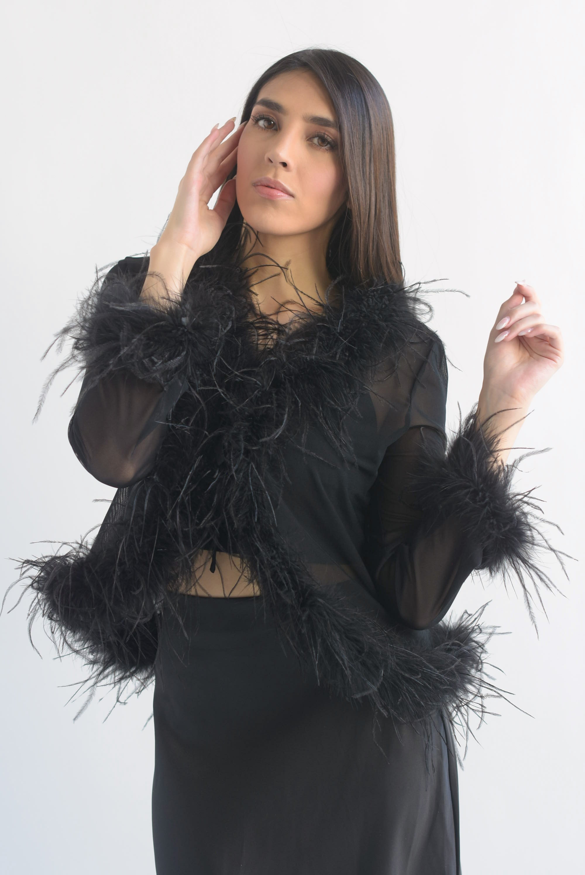 Blusa mesh filo plumas