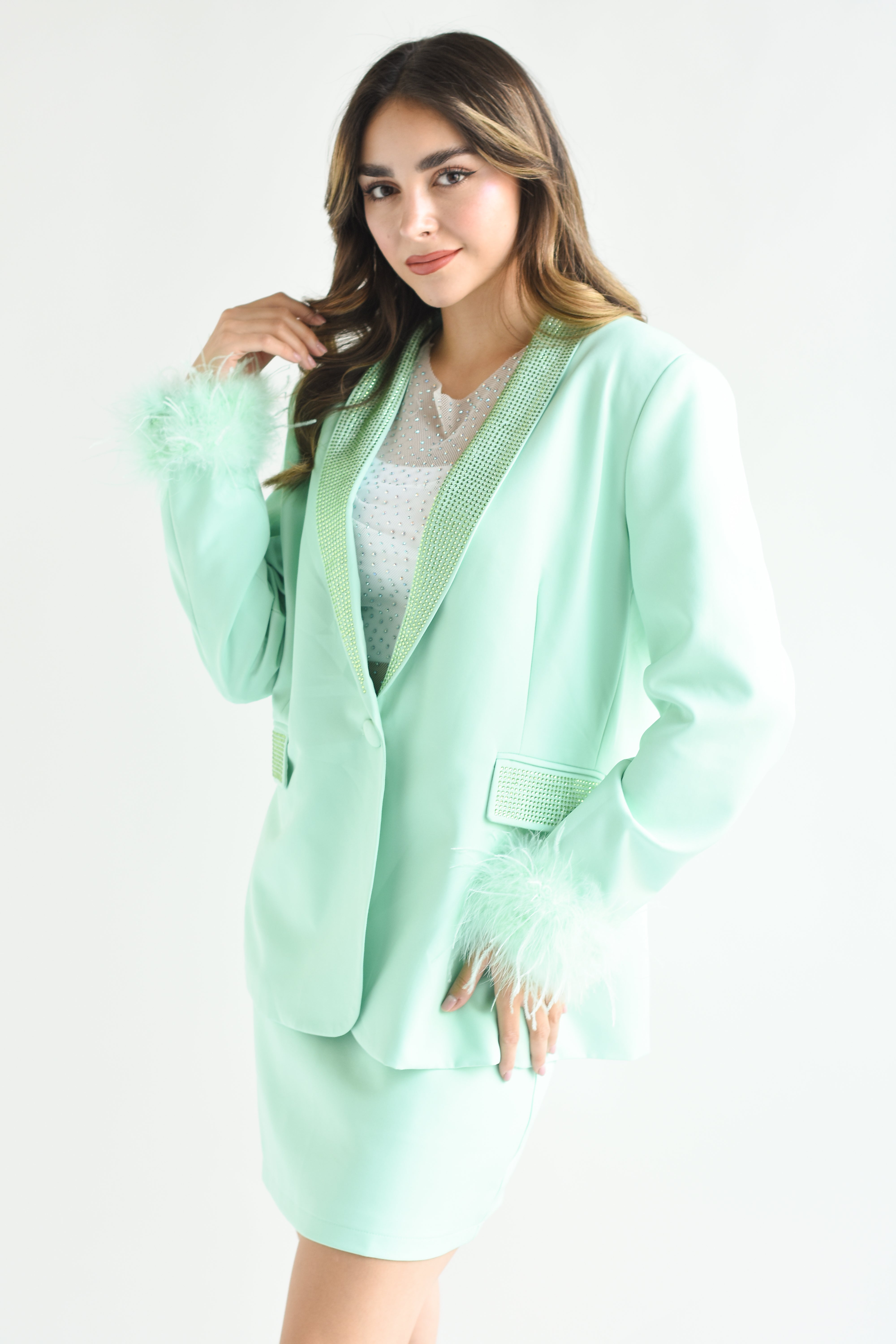 Set Falda y Blazer plumas Menta