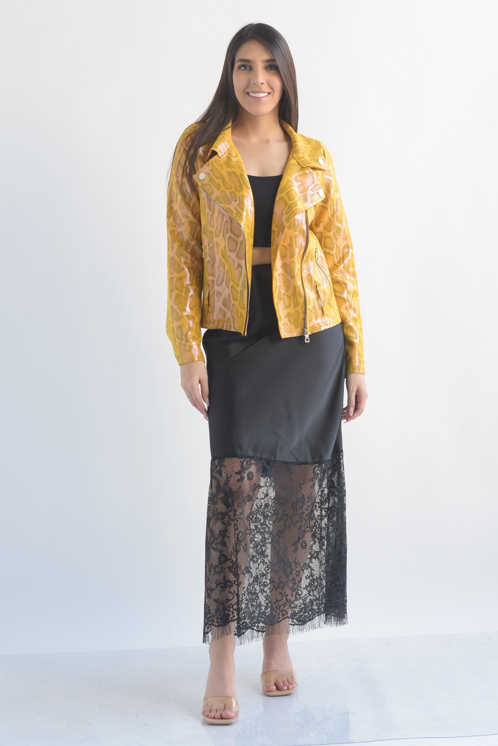 Chamarra biker suede snake print foil