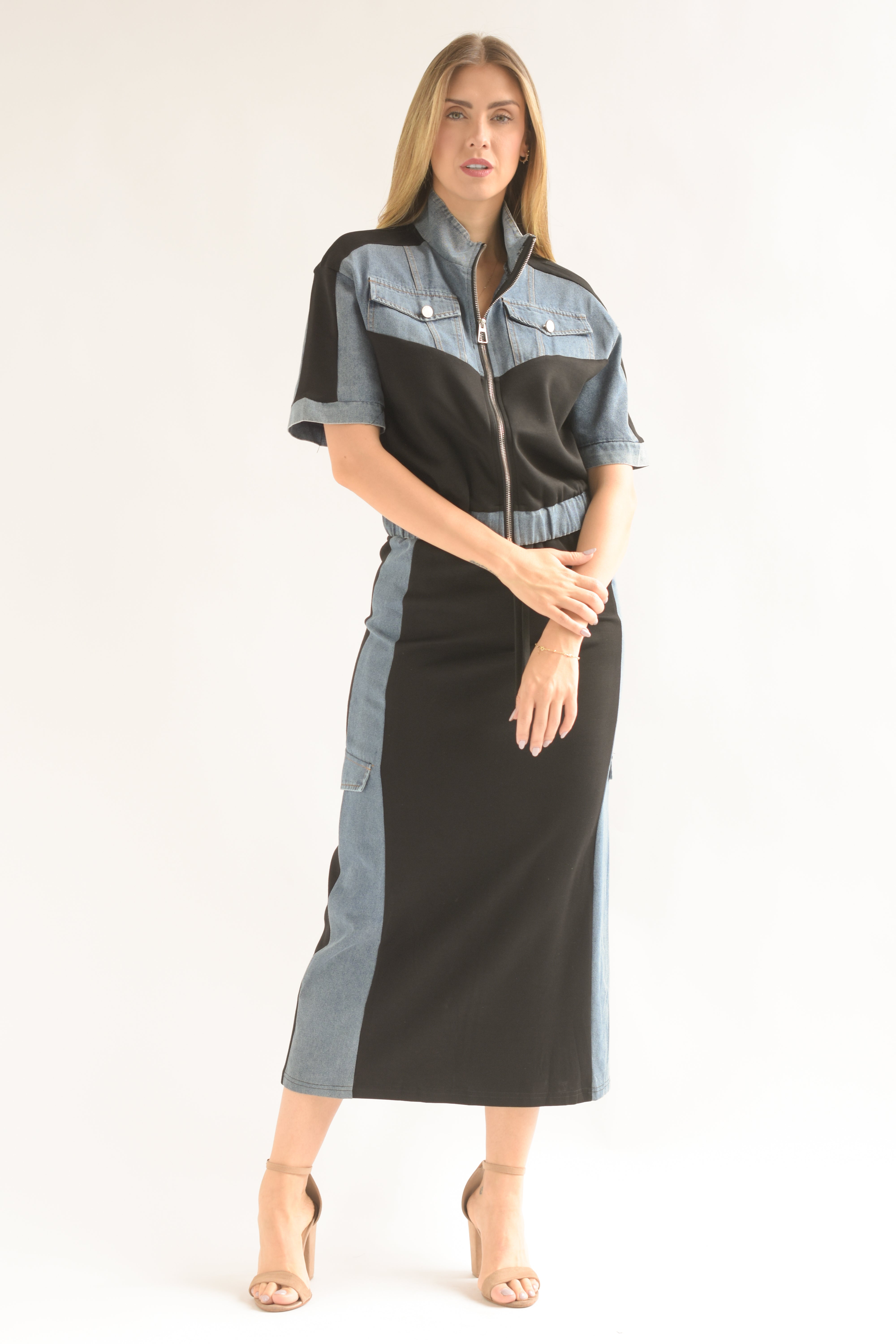 Set Falda recta y Chamarra algodón con denim Negro