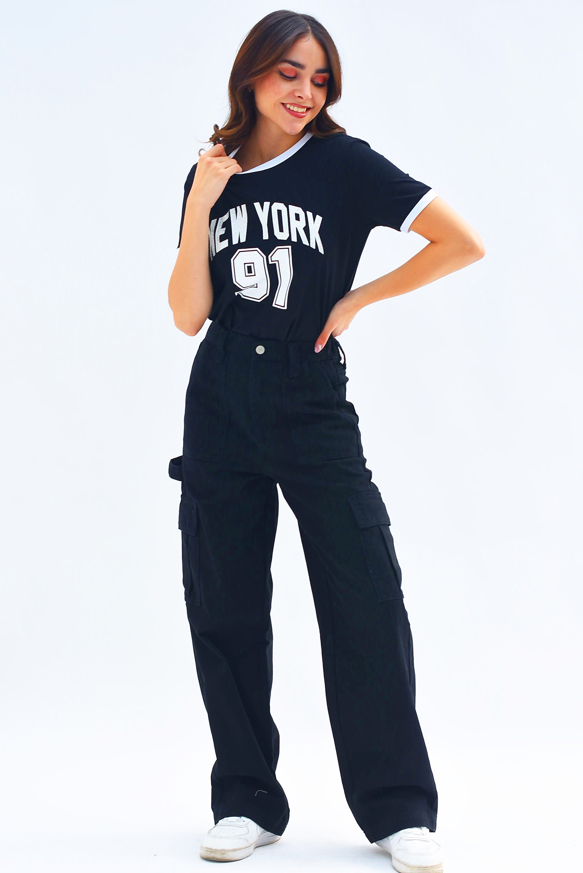 Jeans wide leg cargo Negro