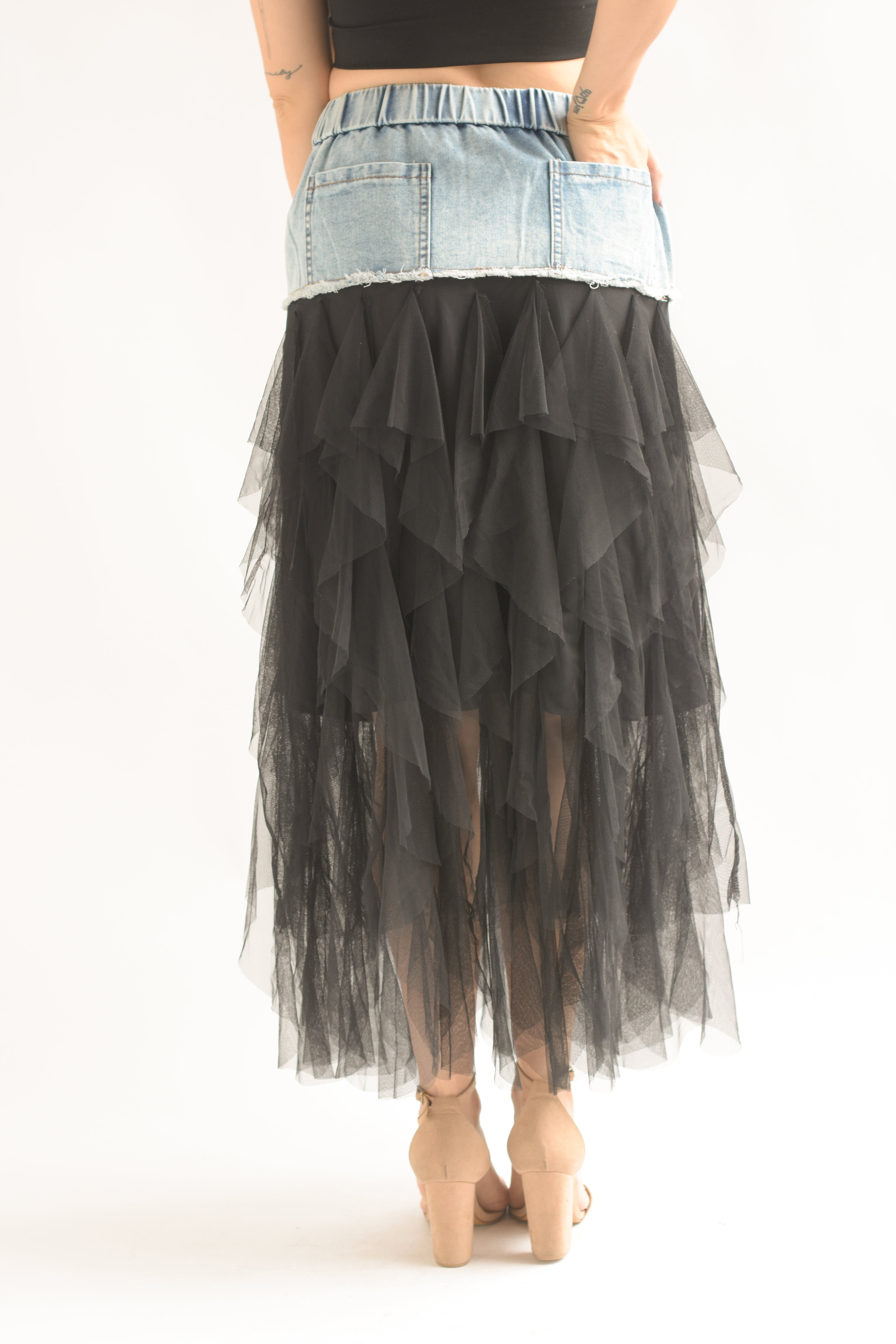 Falda tulle en capas, pretina Denim Negra