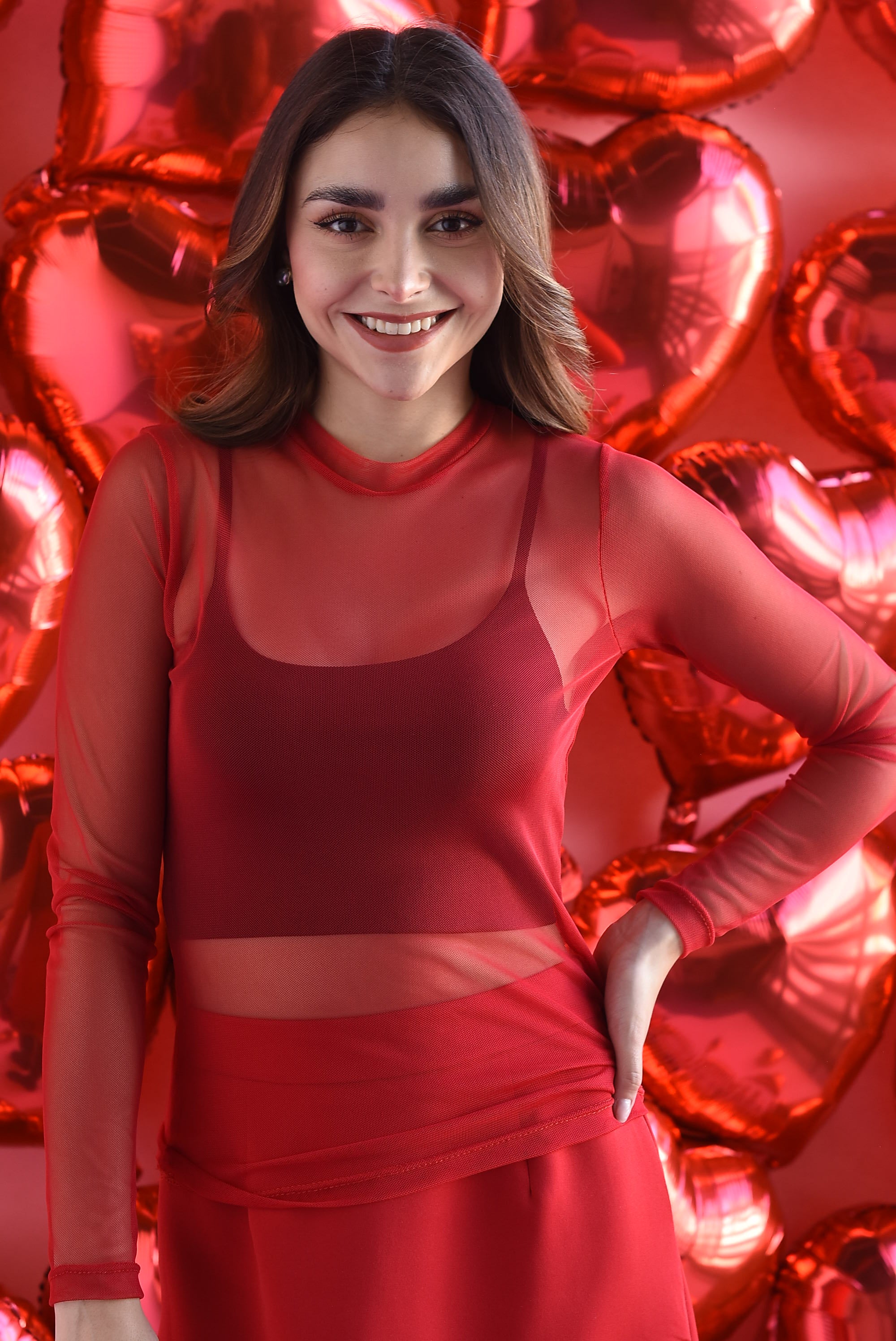 Blusa mesh manga larga Rojo