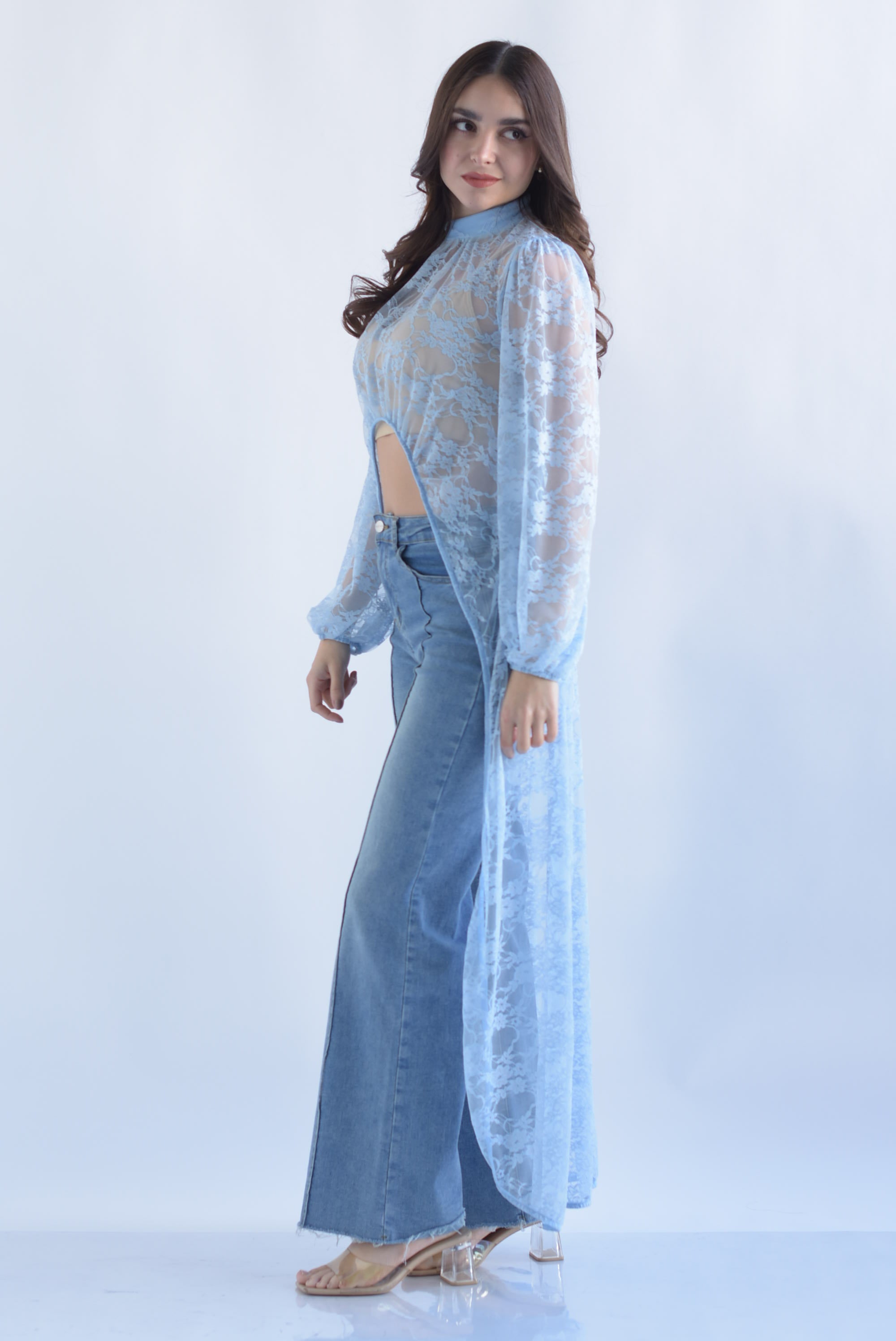 Maxi blusa asimétrica encaje Azul Baby