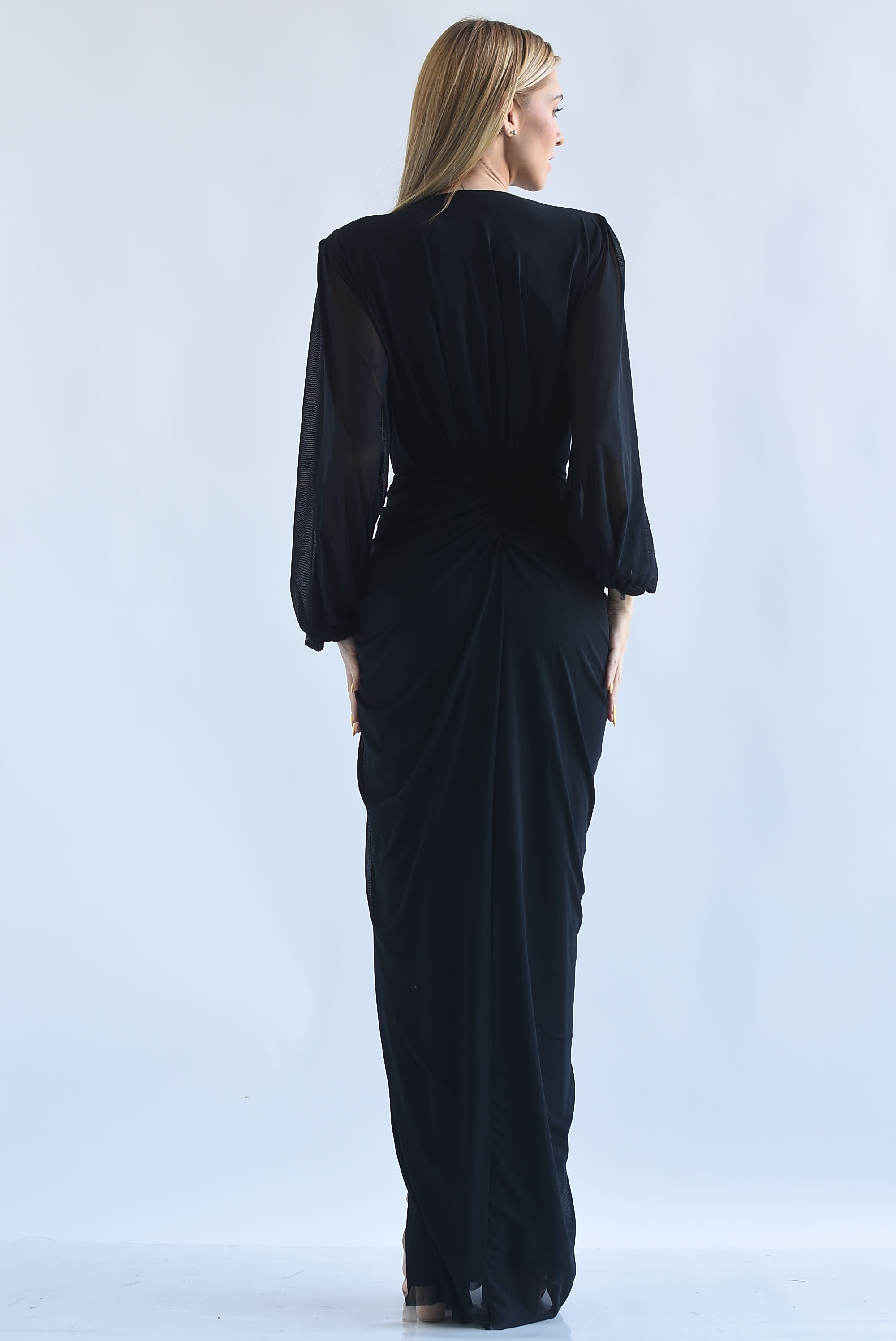 Vestido largo mesh drapeado escote V