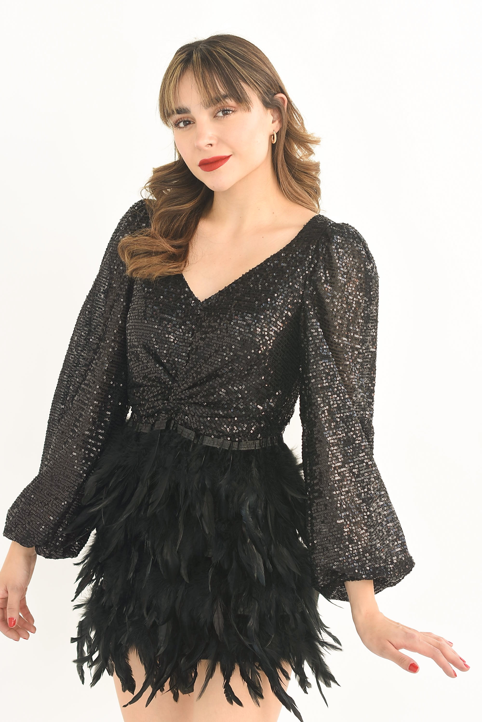 Vestido lentejuelas y plumas Negro