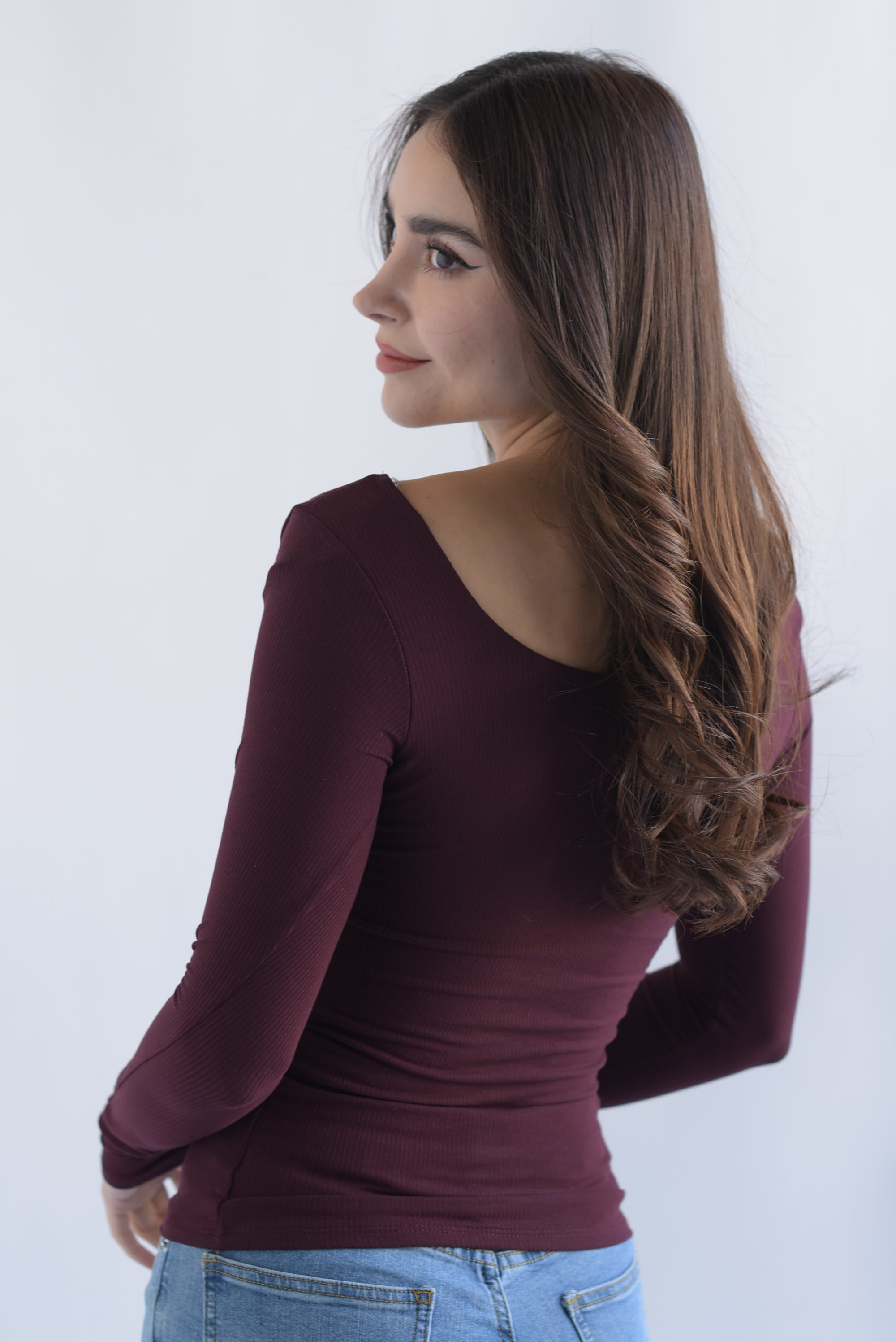 Blusa canalé cuello cuadrado Vino