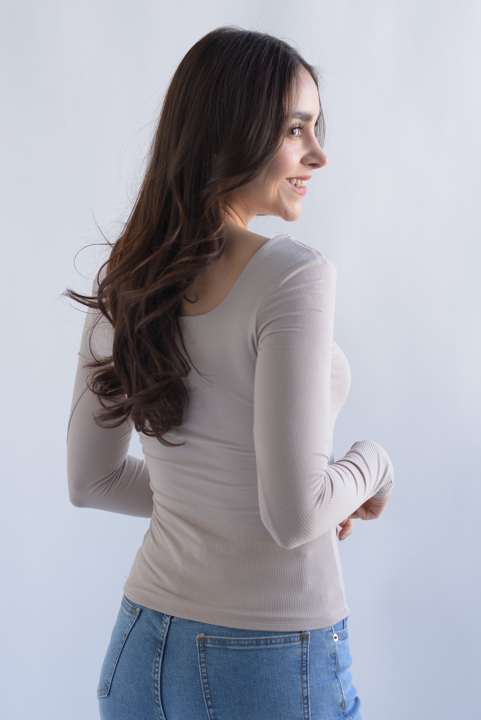 Blusa canalé cuello cuadrado Beige