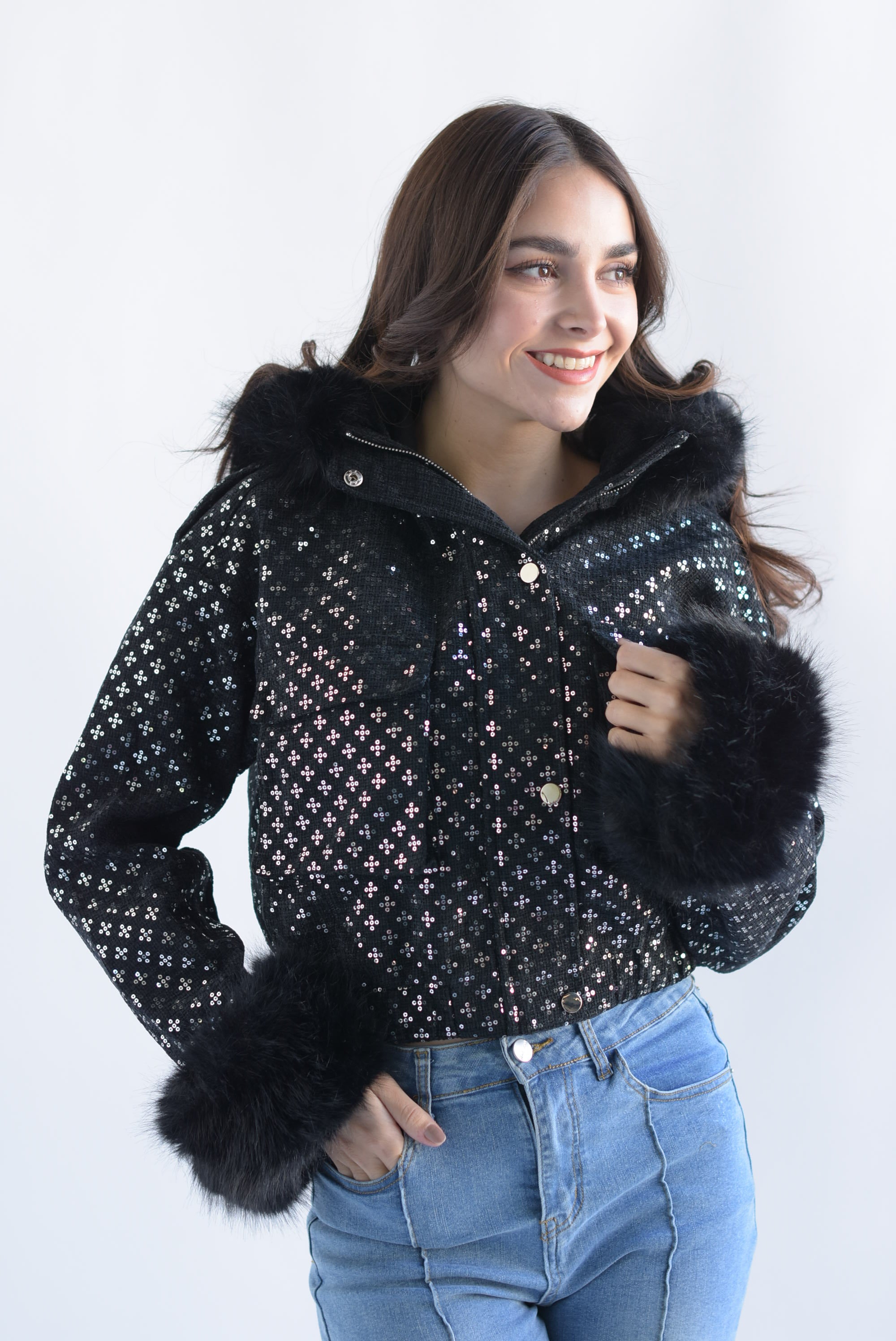 Chamarra bomber tweed fur Negro