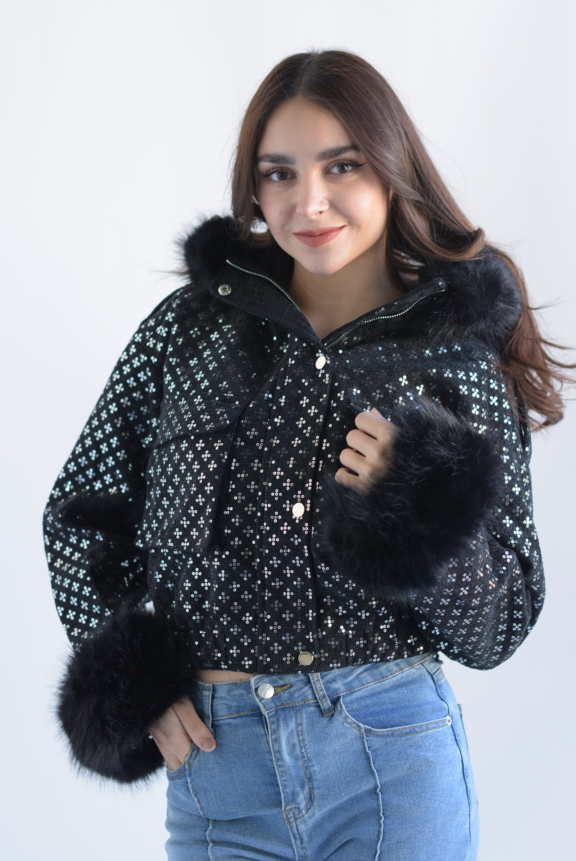 Chamarra bomber tweed fur Negro