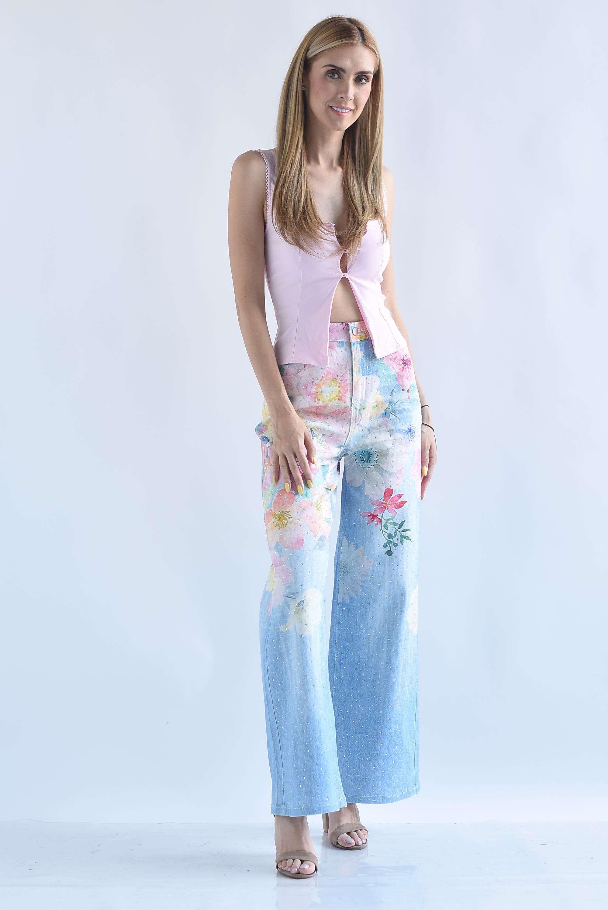 Jeans flores acuarela brillos
