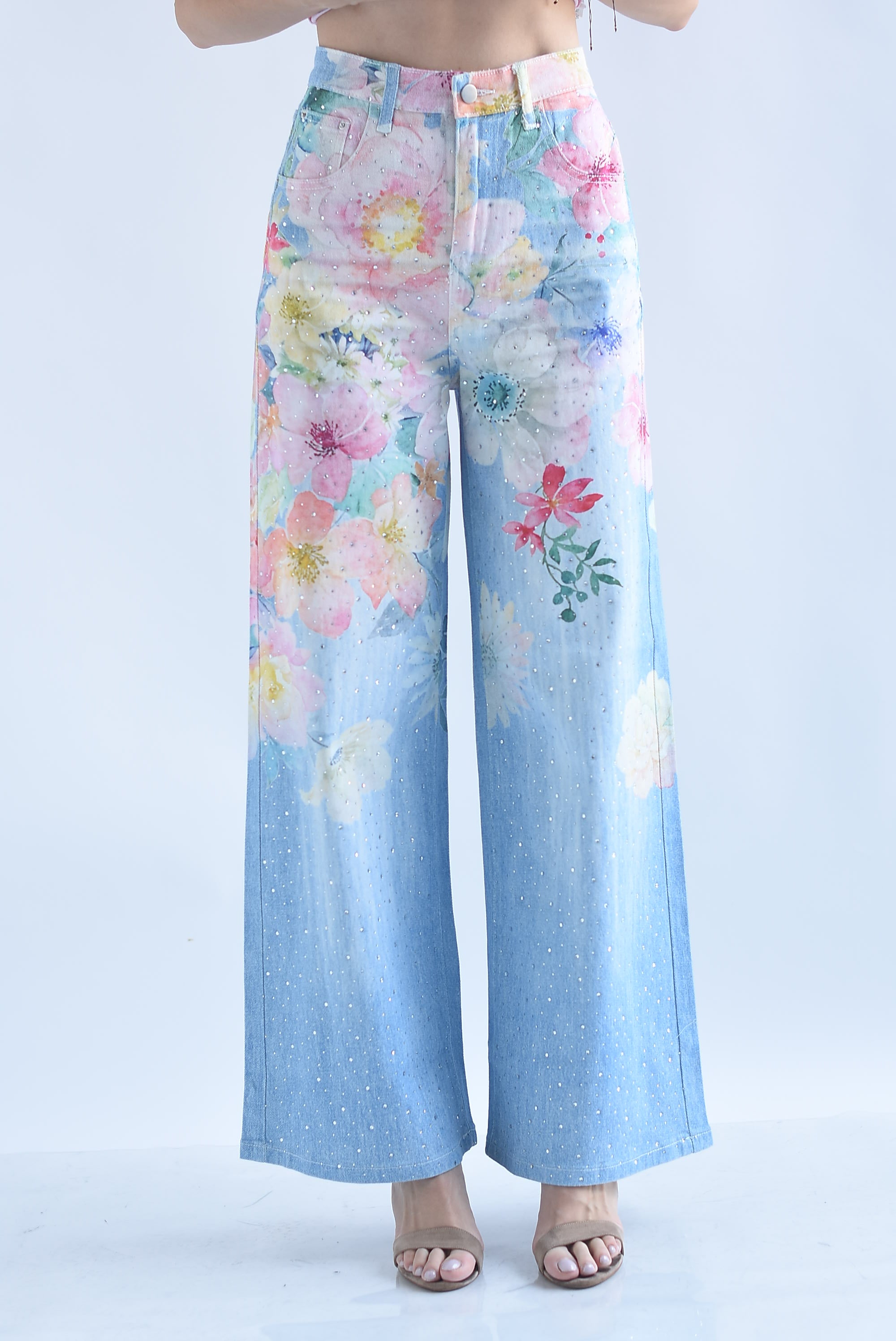 Jeans flores acuarela brillos