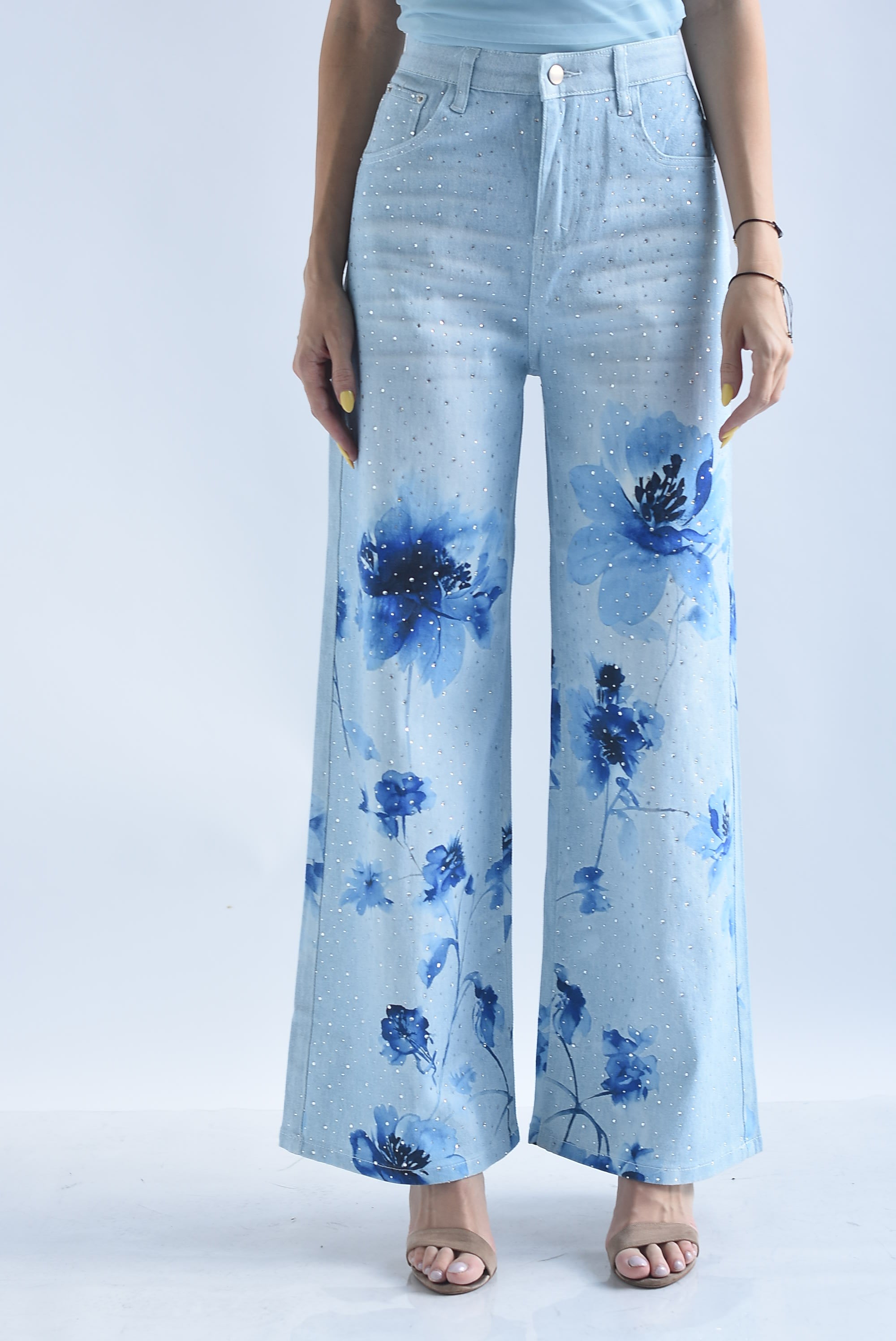 Jeans flores acuarela brillos