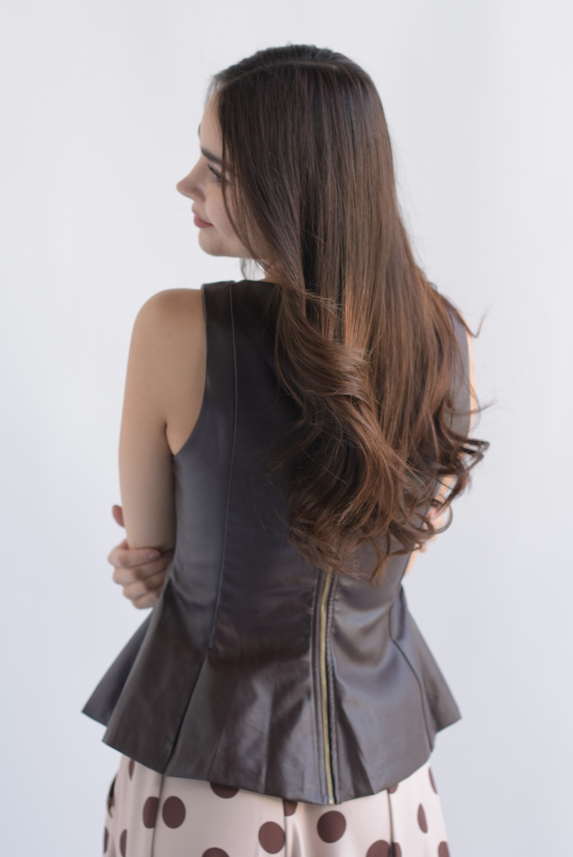 Blusa peplum cuello cuadro vinipiel Espresso
