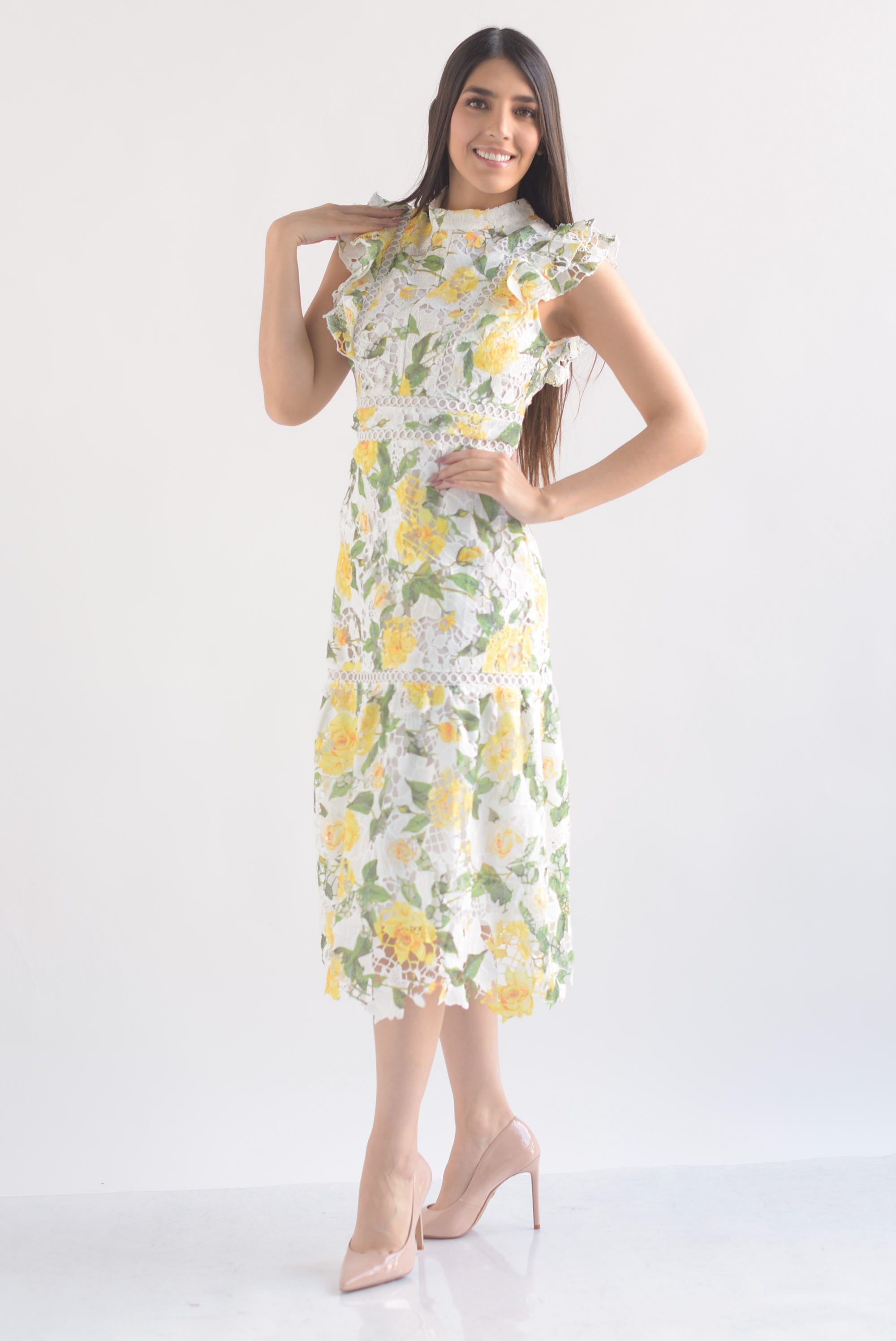 Vestido encaje guipur flores amarillas