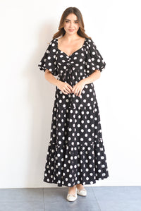 Fashion Styled Vestido manga globo Polka Dots Negro