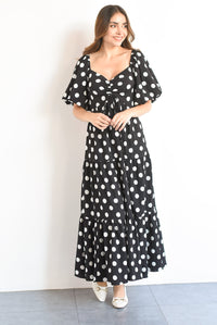 Fashion Styled Vestido manga globo Polka Dots Negro