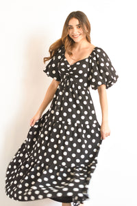 Fashion Styled Vestido manga globo Polka Dots Negro