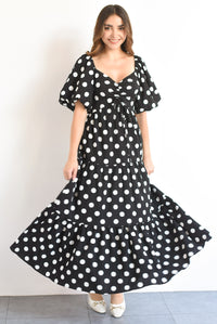 Fashion Styled Vestido manga globo Polka Dots Negro