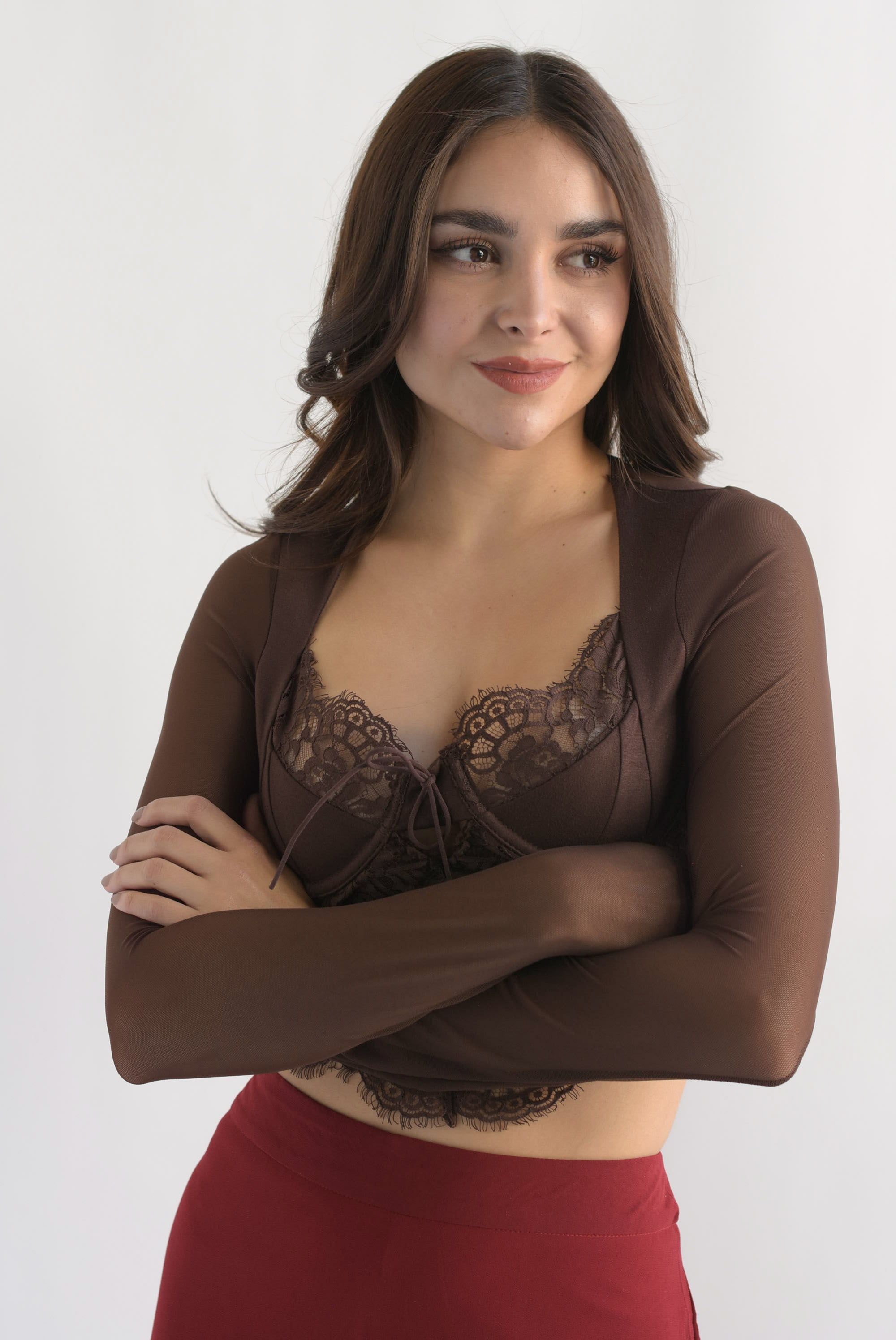 Top corsetero mangas mesh Espresso