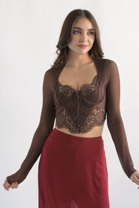 Fashion Styled Top corsetero mangas mesh Espresso