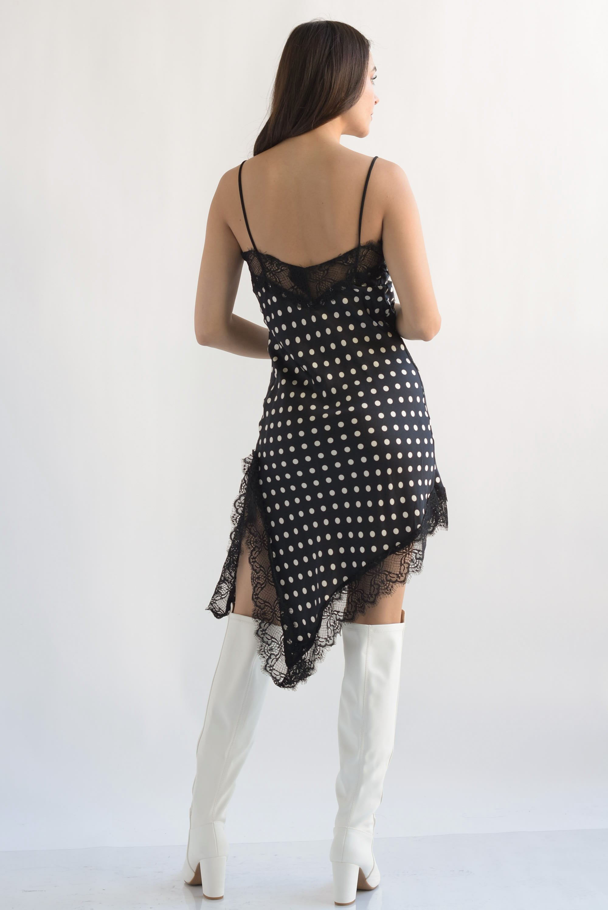 Vestido lencero asimétrico encaje polka dots Negro