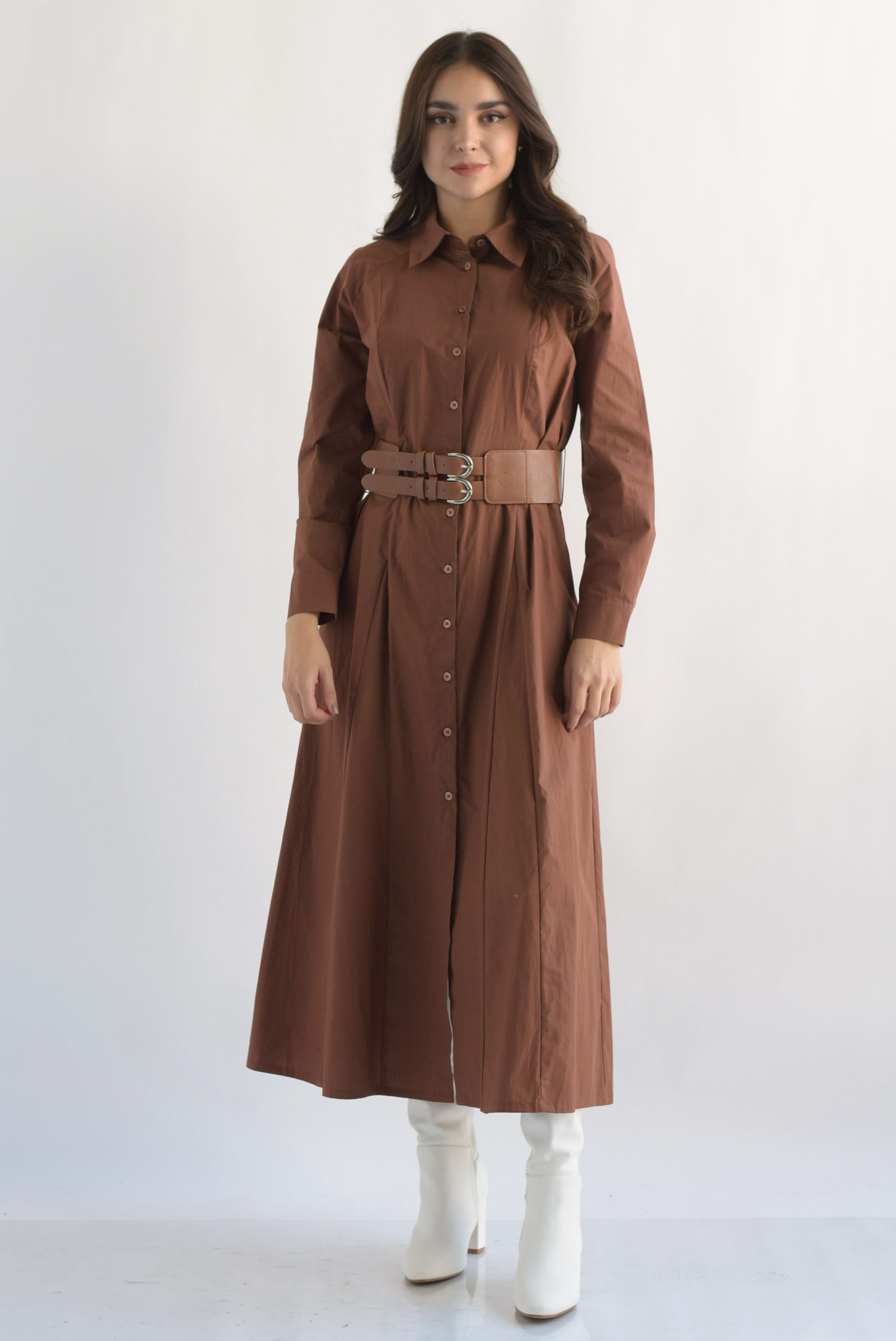 Vestido camisero cinturón ancho Café
