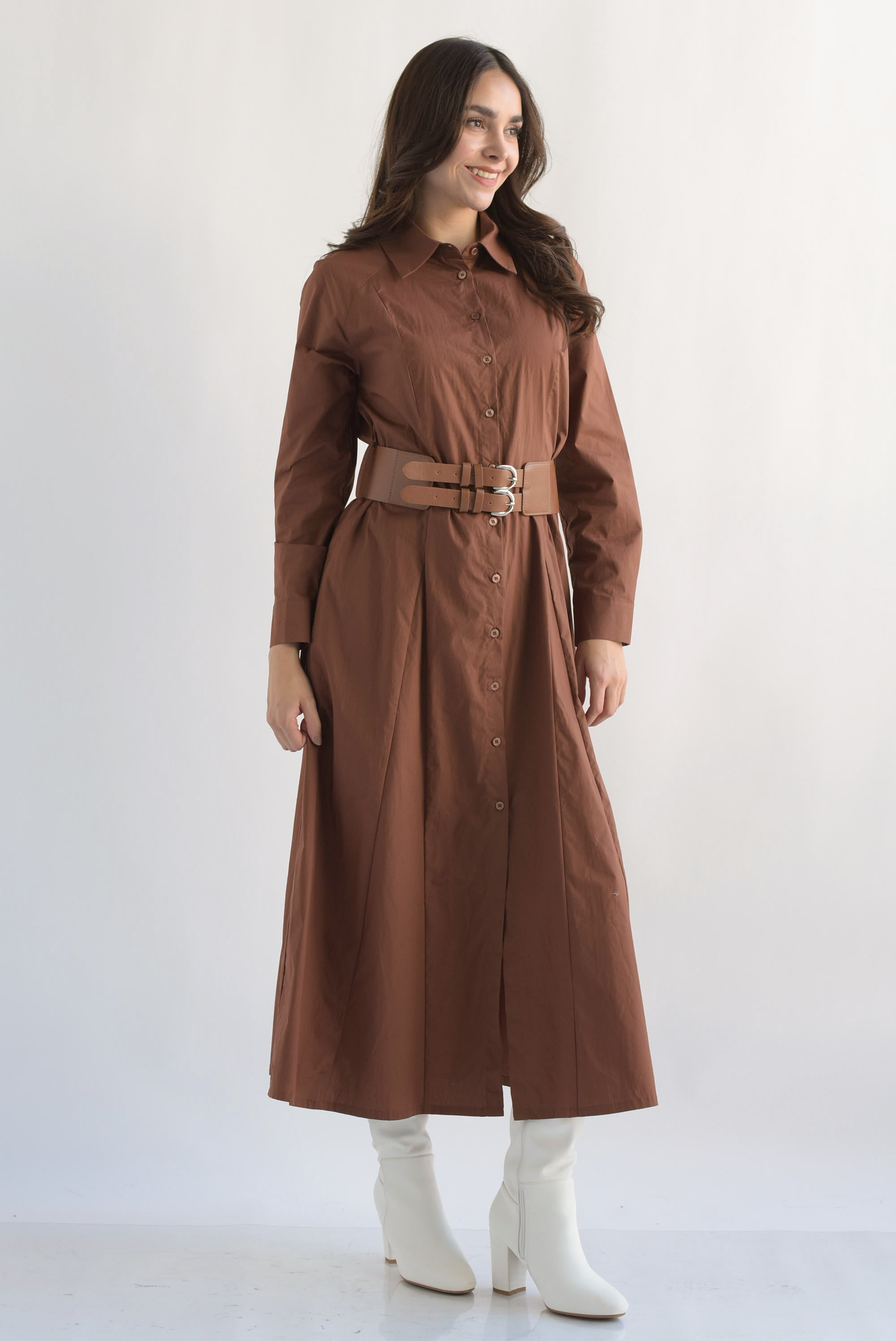 Vestido camisero cinturón ancho Café