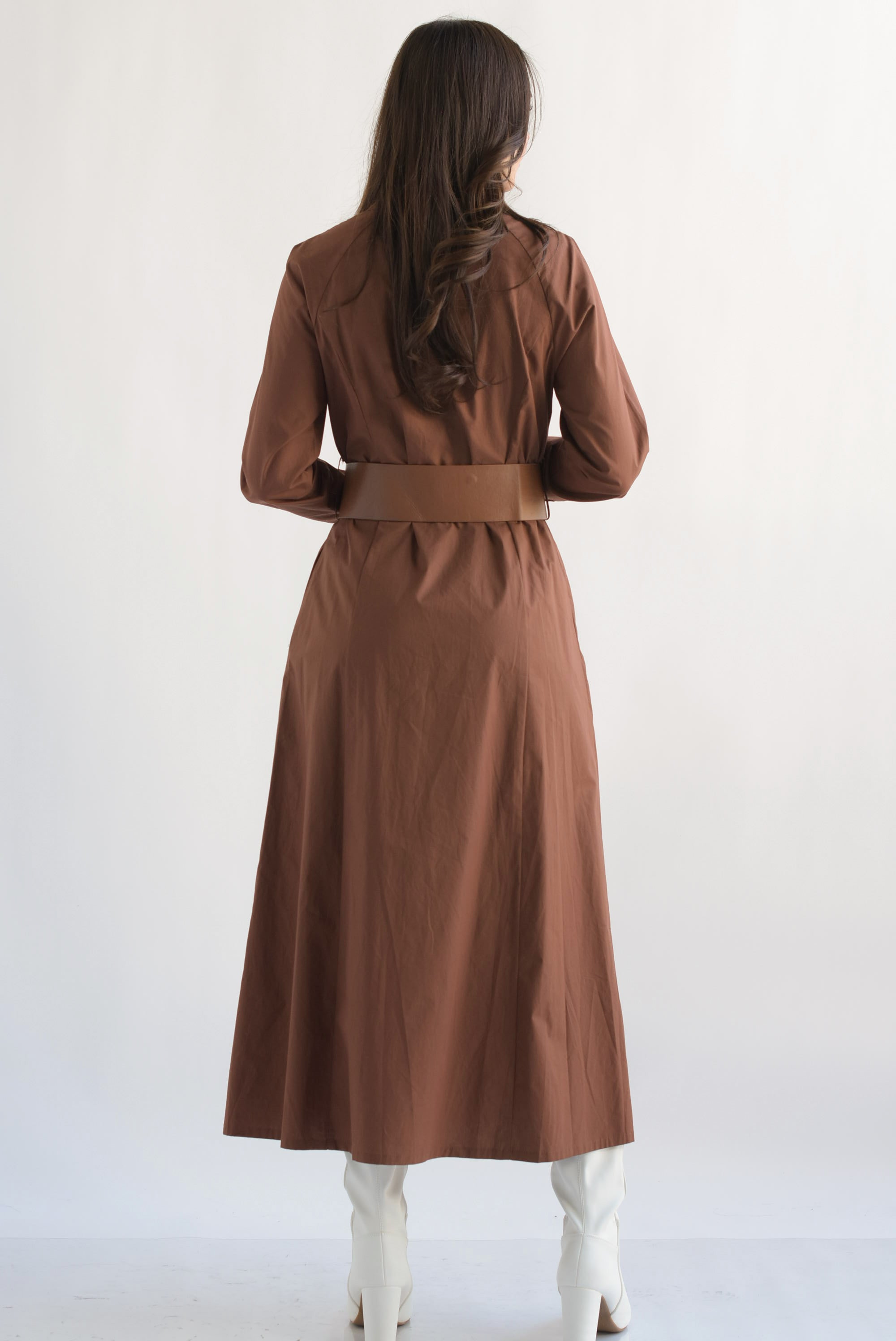 Vestido camisero cinturón ancho Café