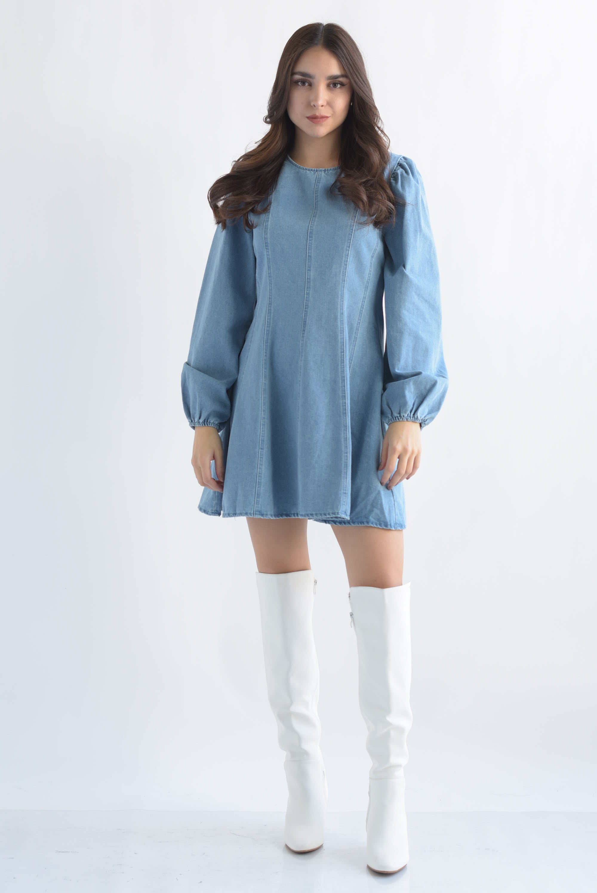 Vestido manga globo costuras Denim Light