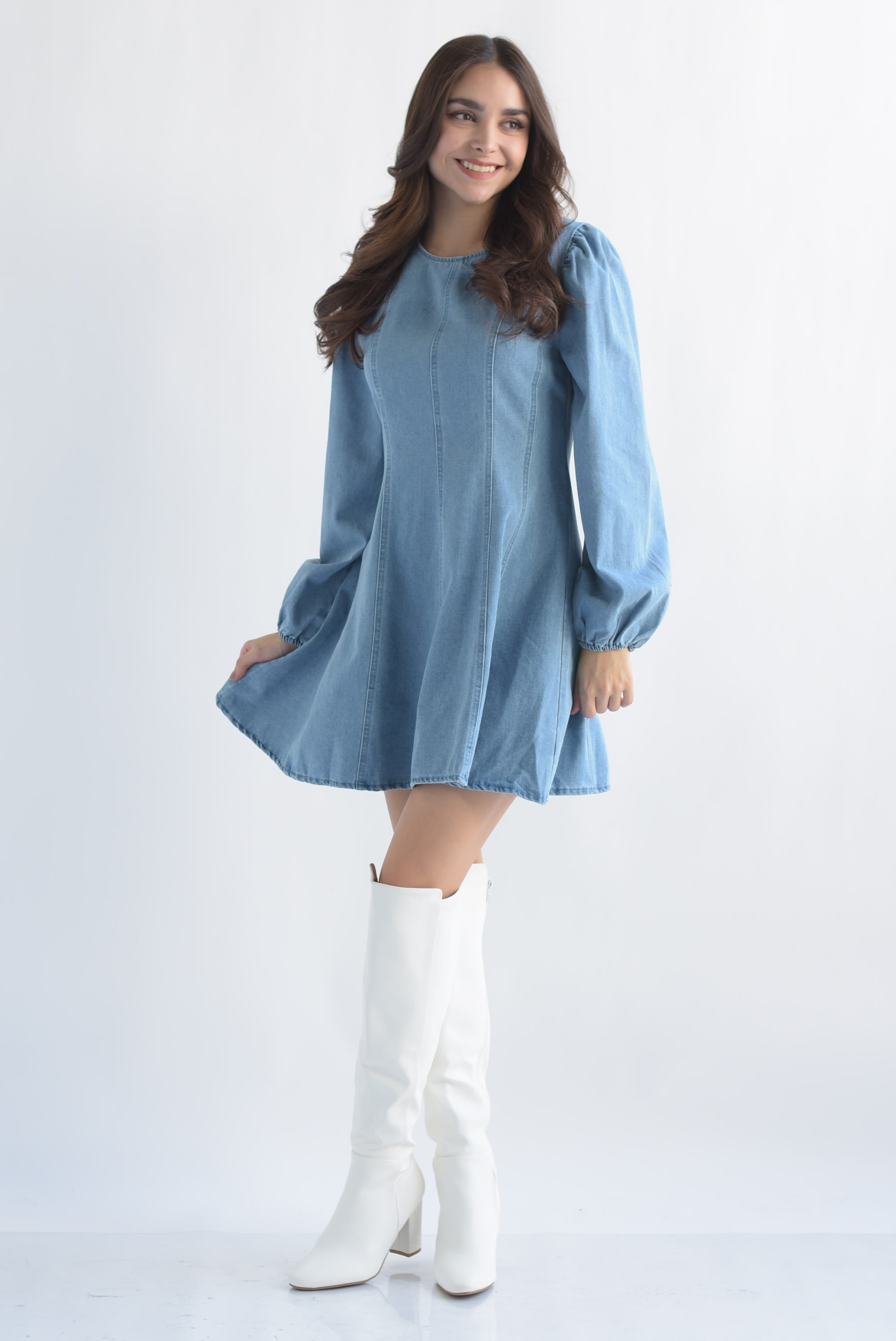 Vestido manga globo costuras Denim Light