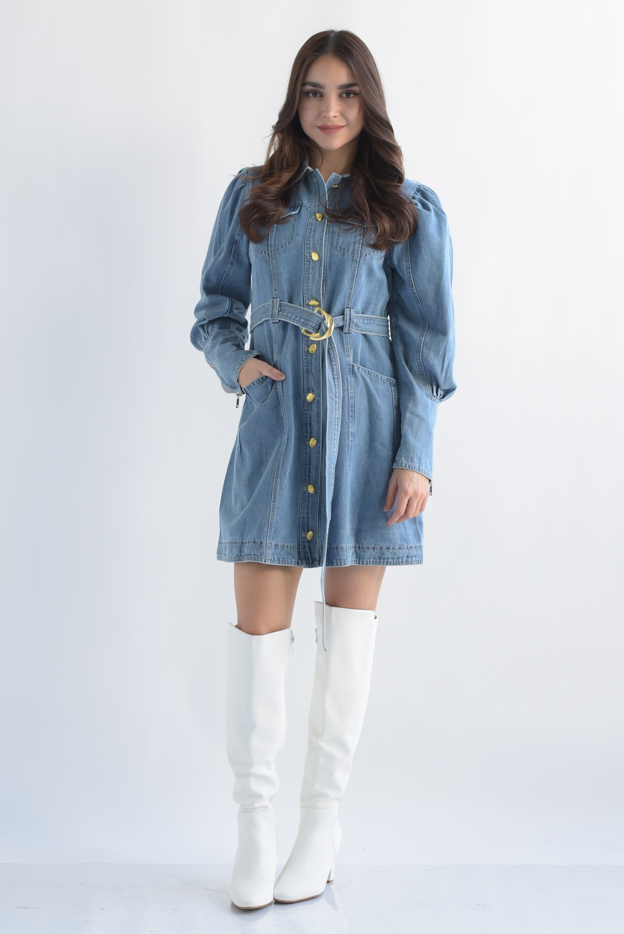 Vestido manga globo cierre Denim Light