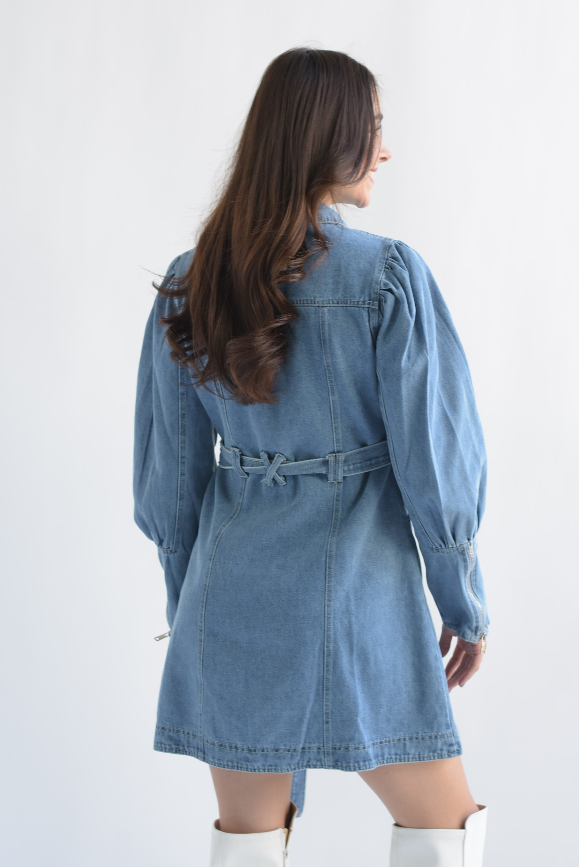 Vestido manga globo cierre Denim Light