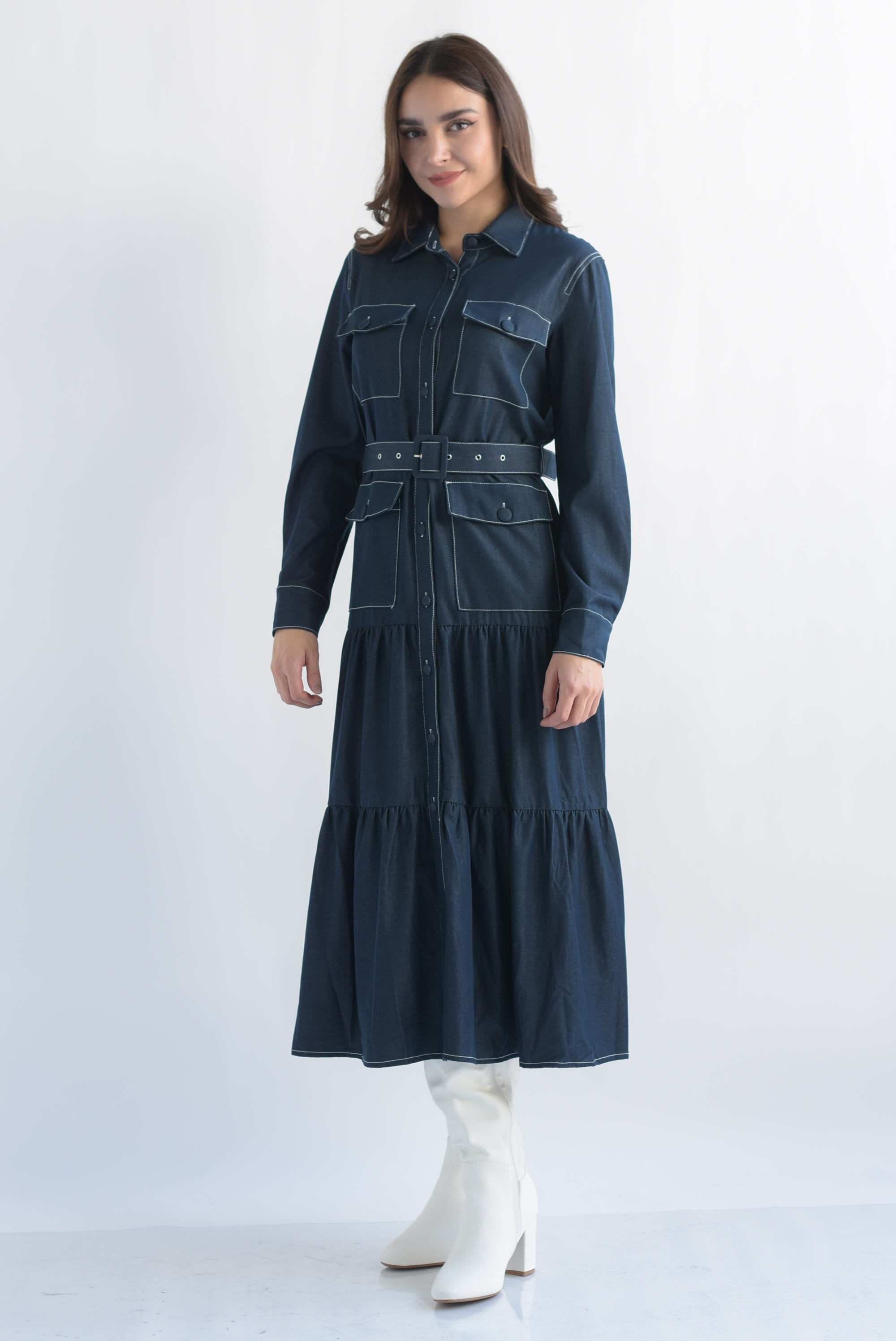 Vestido camisero costuras tipo Denim Dark