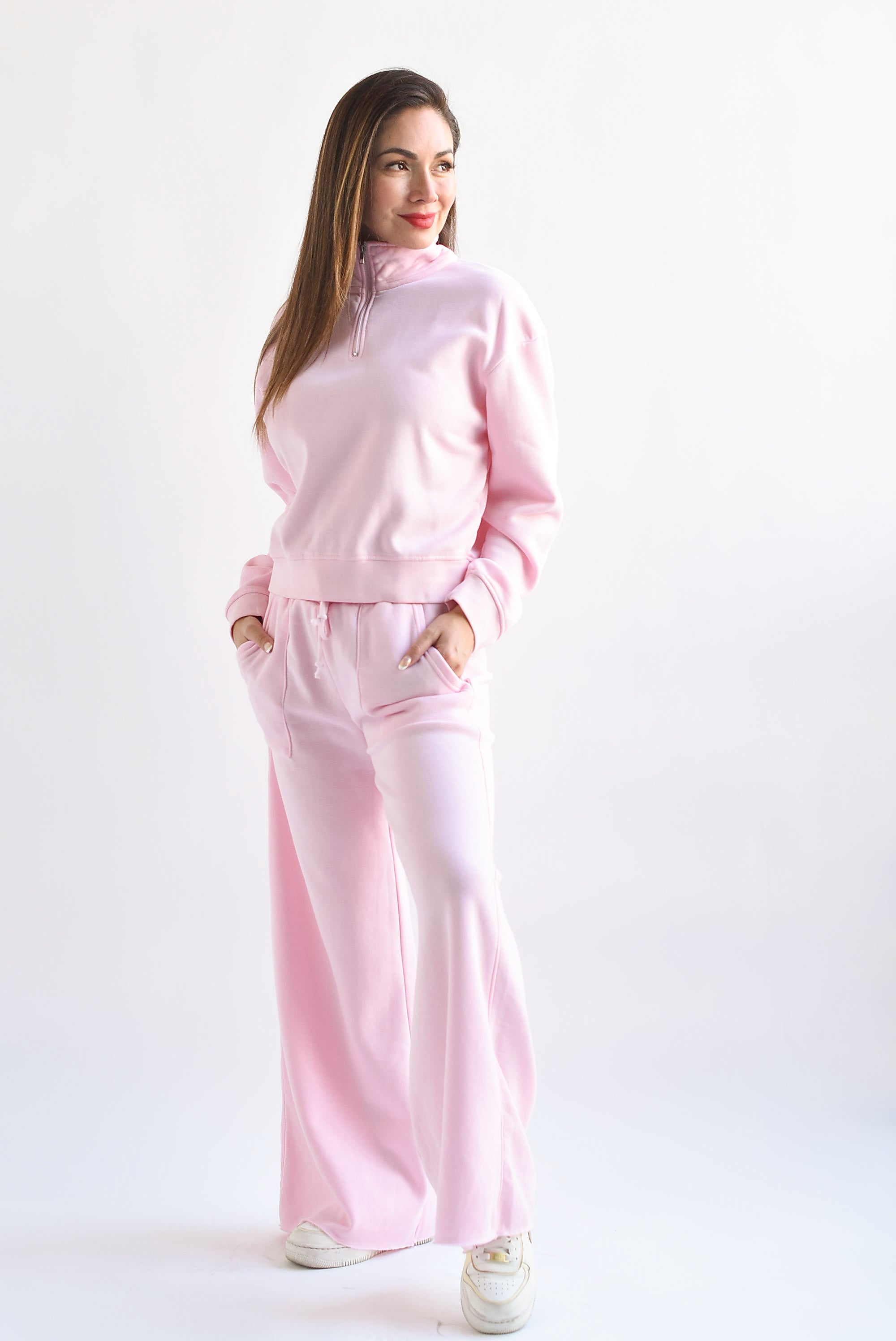 Set Pantalón wide y Sudadera cierre Rosa