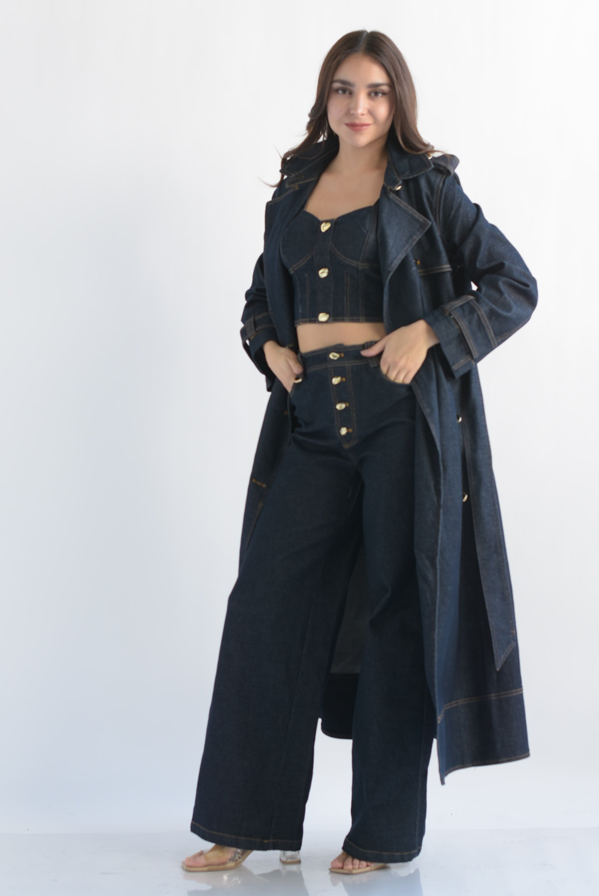 Set Pantalón, Gabardina y Corset Denim Dark