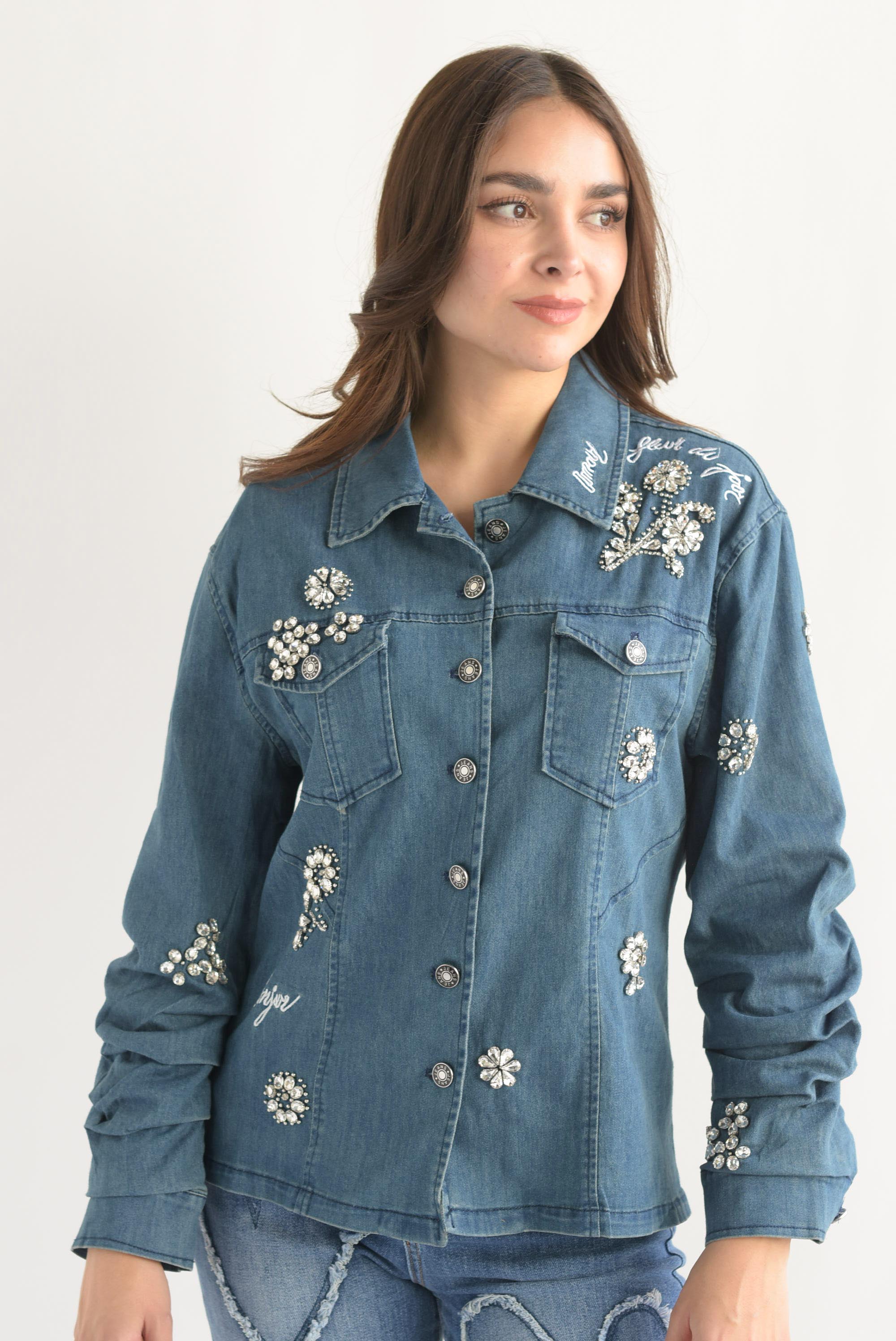 Shacket manga drapeada joyas Denim